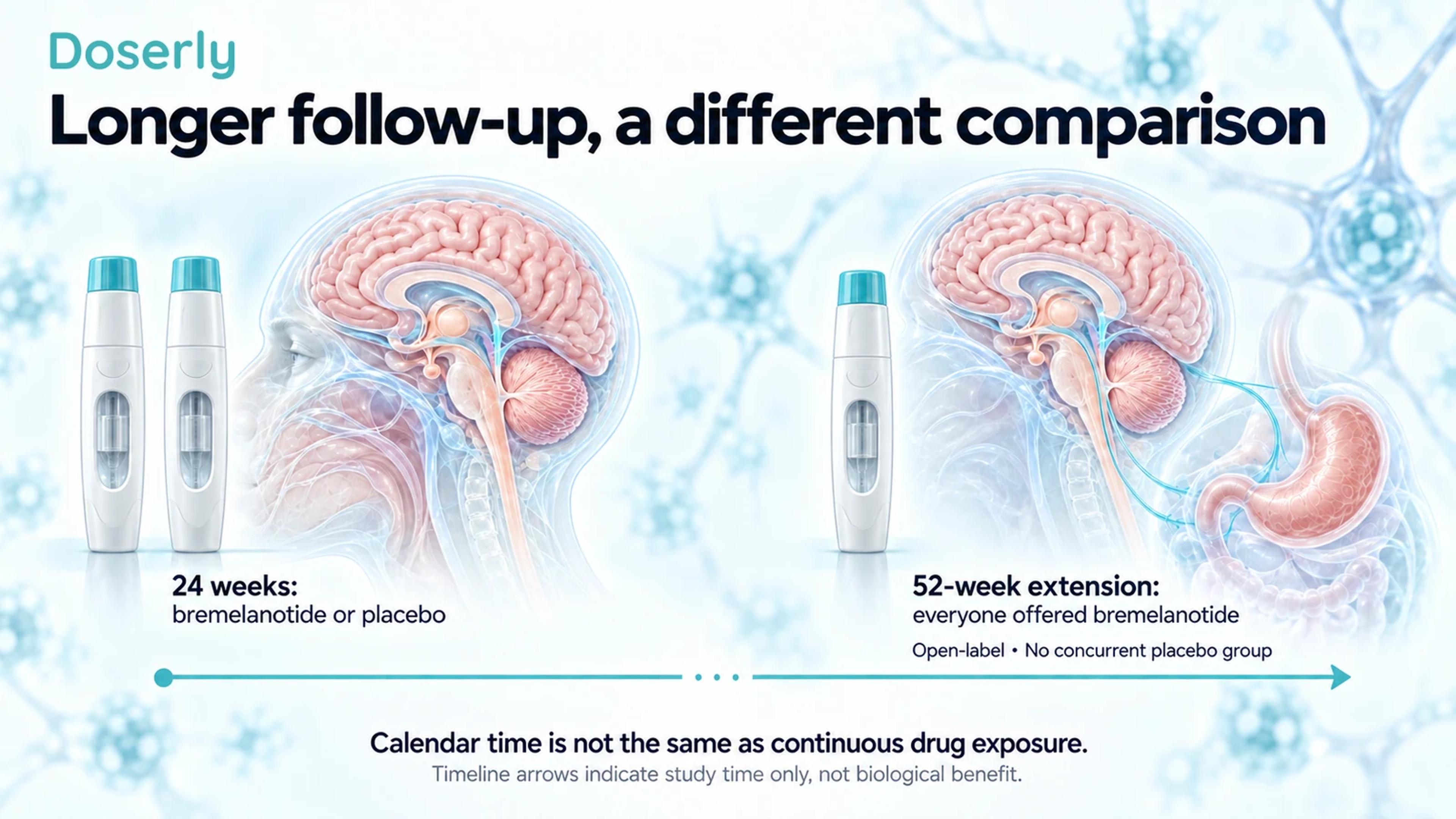 Illustrated timeline distinguishing a 24-week bremelanotide-or-placebo phase from a 52-week open-label extension with no concurrent placebo group.