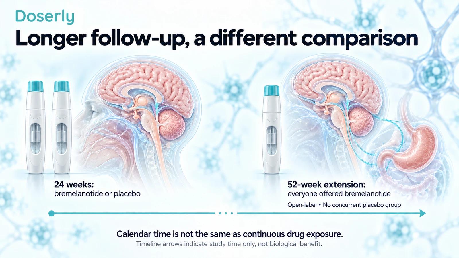 Illustrated timeline distinguishing a 24-week bremelanotide-or-placebo phase from a 52-week open-label extension with no concurrent placebo group.