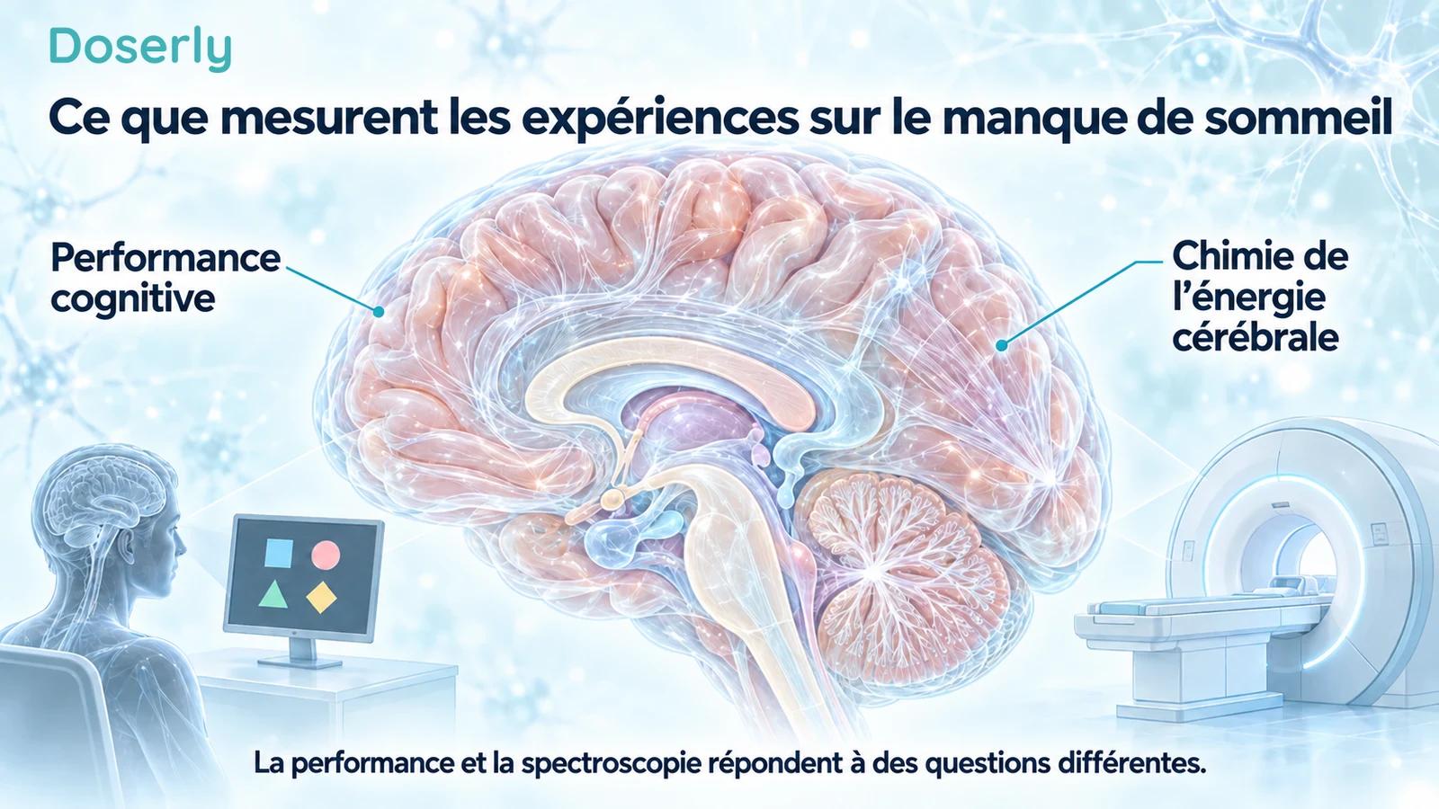 Coupe détaillée du cerveau avec un ordinateur illustrant une tâche cognitive et un appareil d’IRM comme contexte secondaire des mesures.