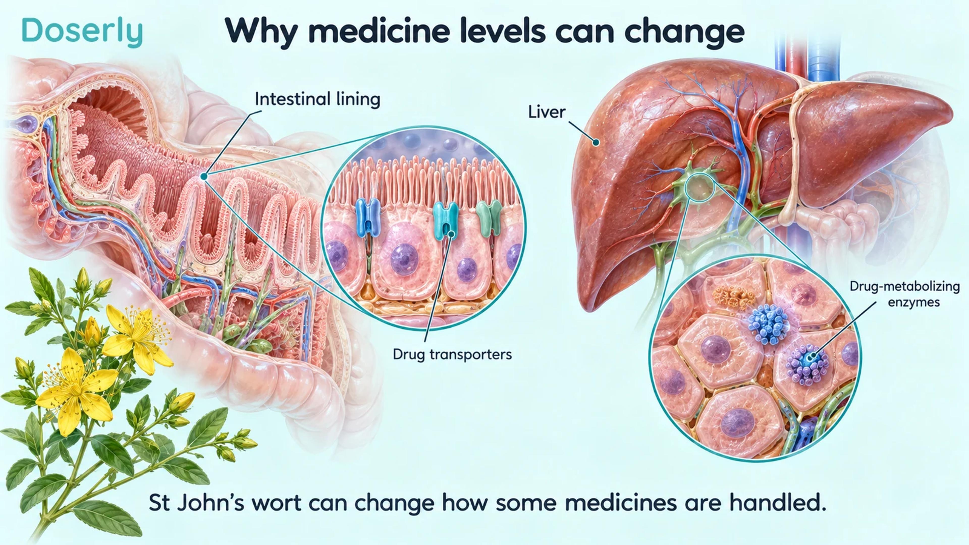 Detailed intestinal lining and liver with magnified drug transporters and drug-metabolizing enzymes.