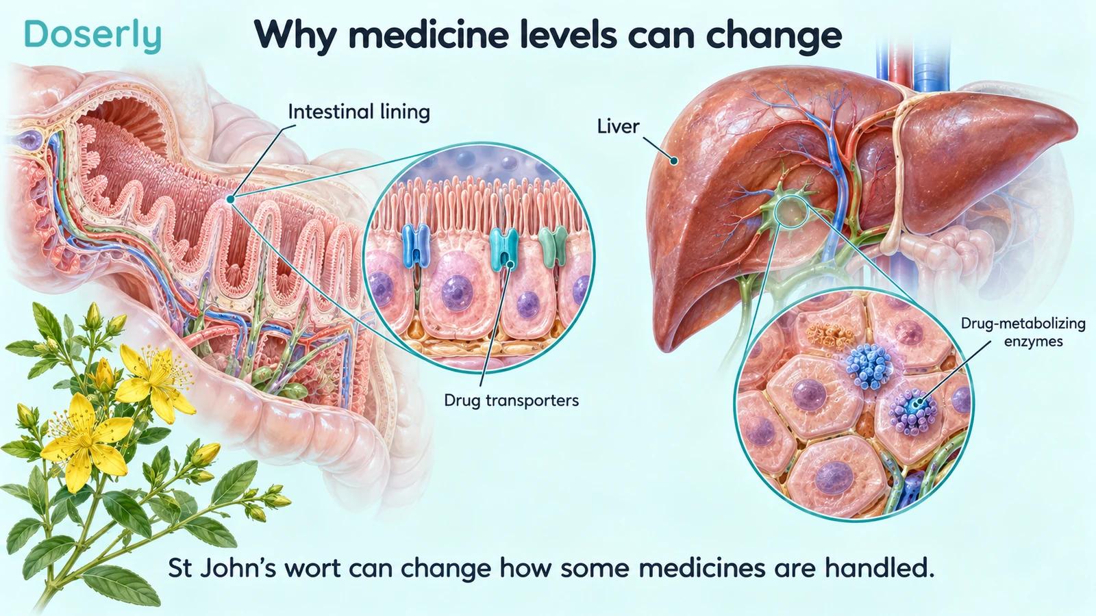 Detailed intestinal lining and liver with magnified drug transporters and drug-metabolizing enzymes.