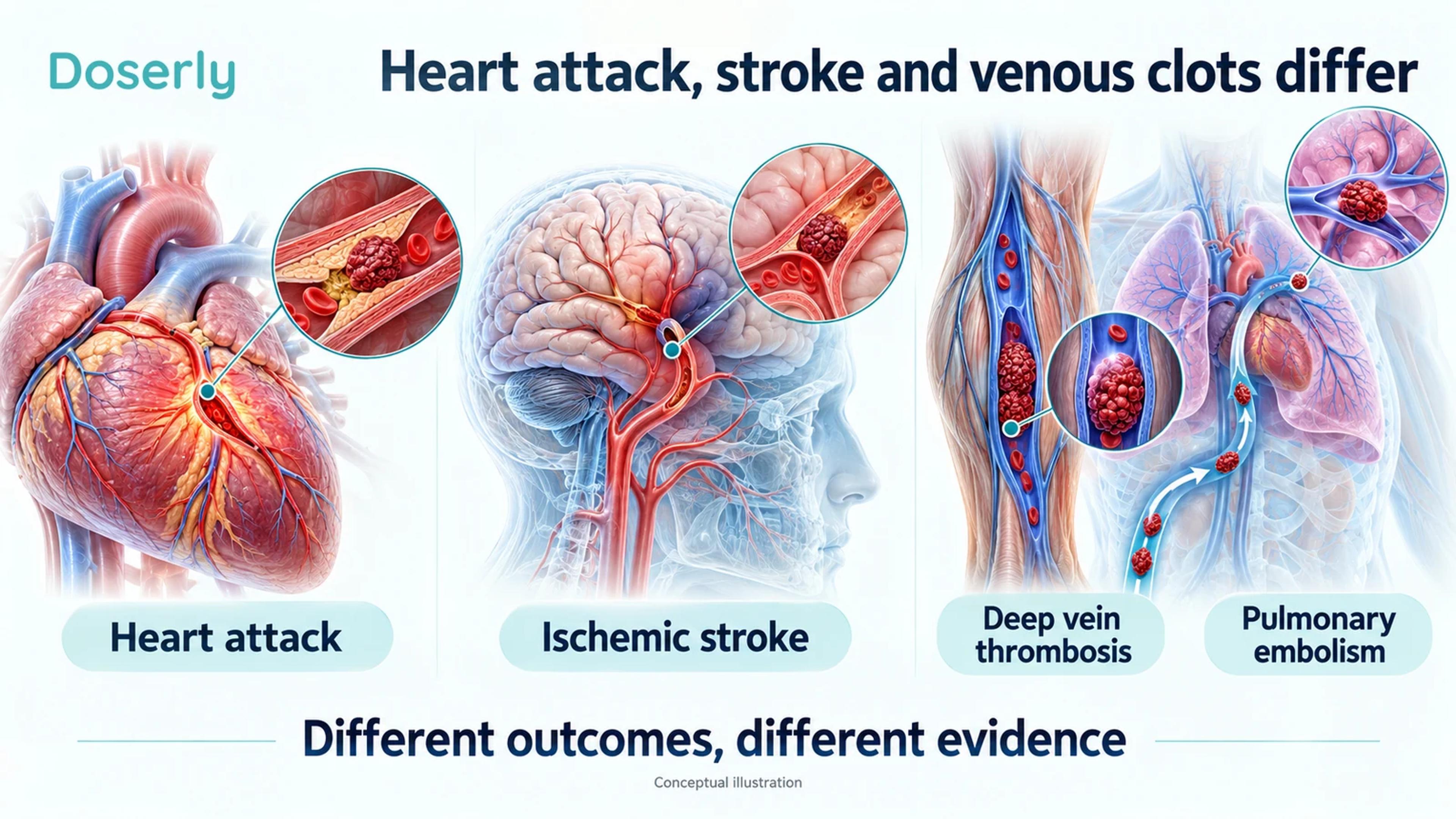 Heart, brain, deep leg veins and lungs distinguish heart attack, ischemic stroke, deep vein thrombosis and pulmonary embolism.