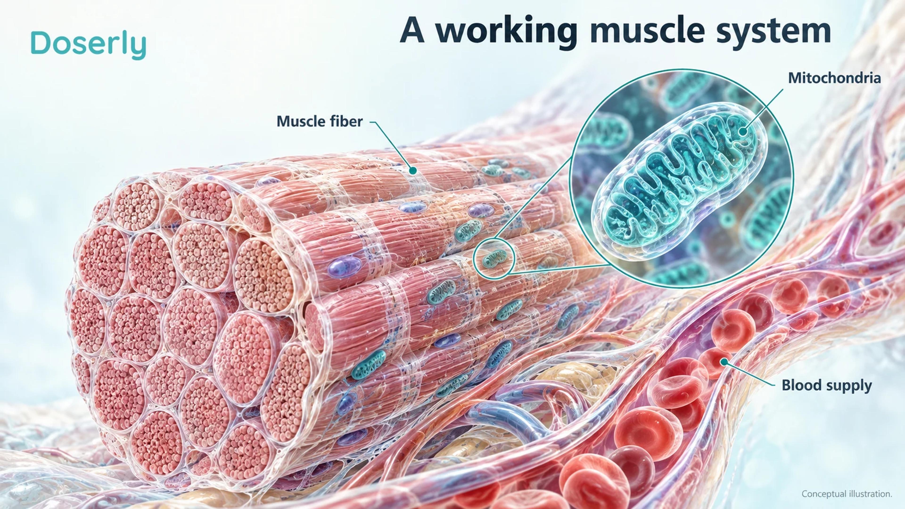 Conceptual muscle fibers with adjacent mitochondria and a capillary supplying red blood cells.