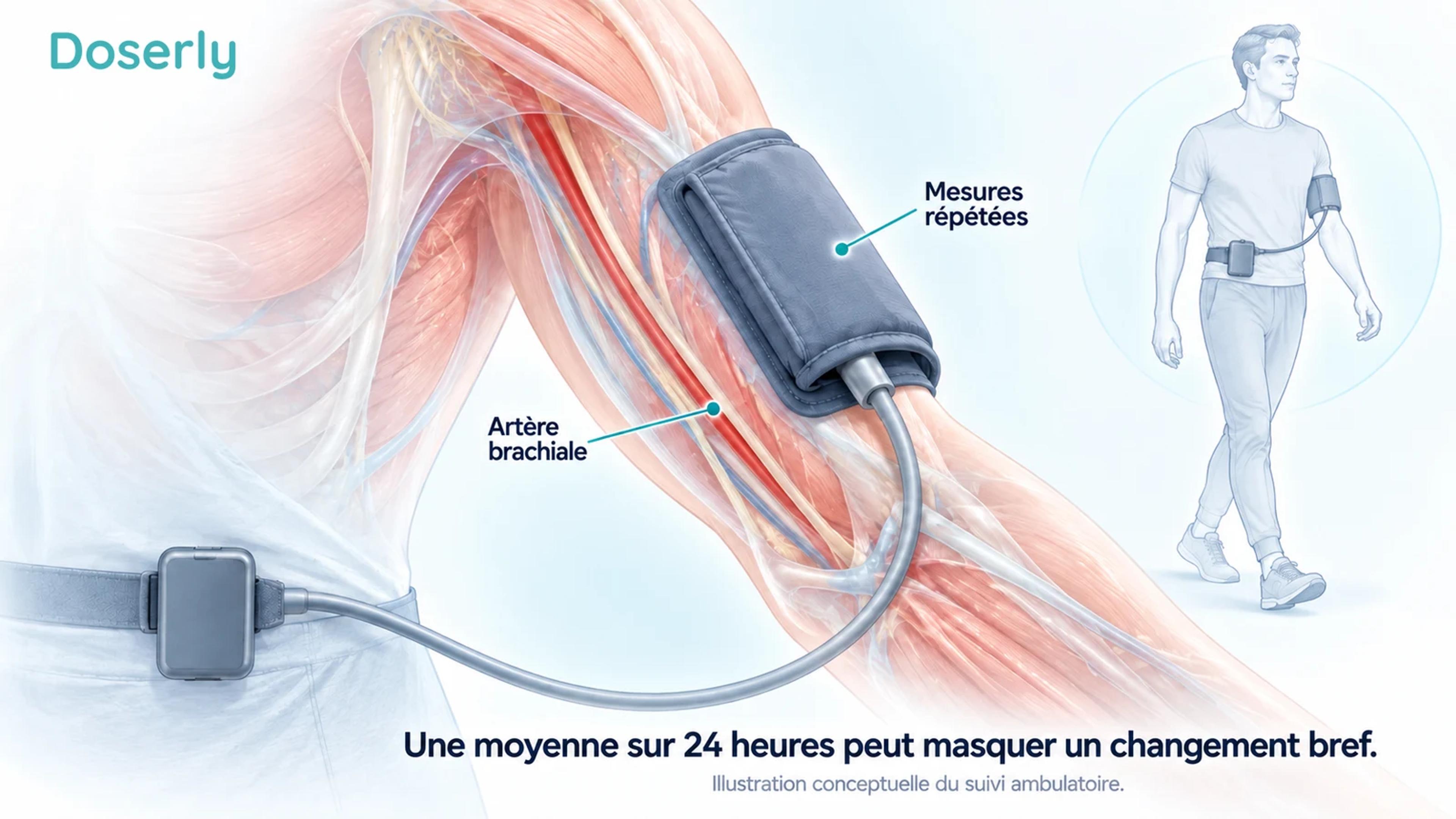 Anatomie détaillée des artères du haut du bras avec un brassard de surveillance et un enregistreur, à côté d’une petite illustration d’un adulte portant l’appareil.