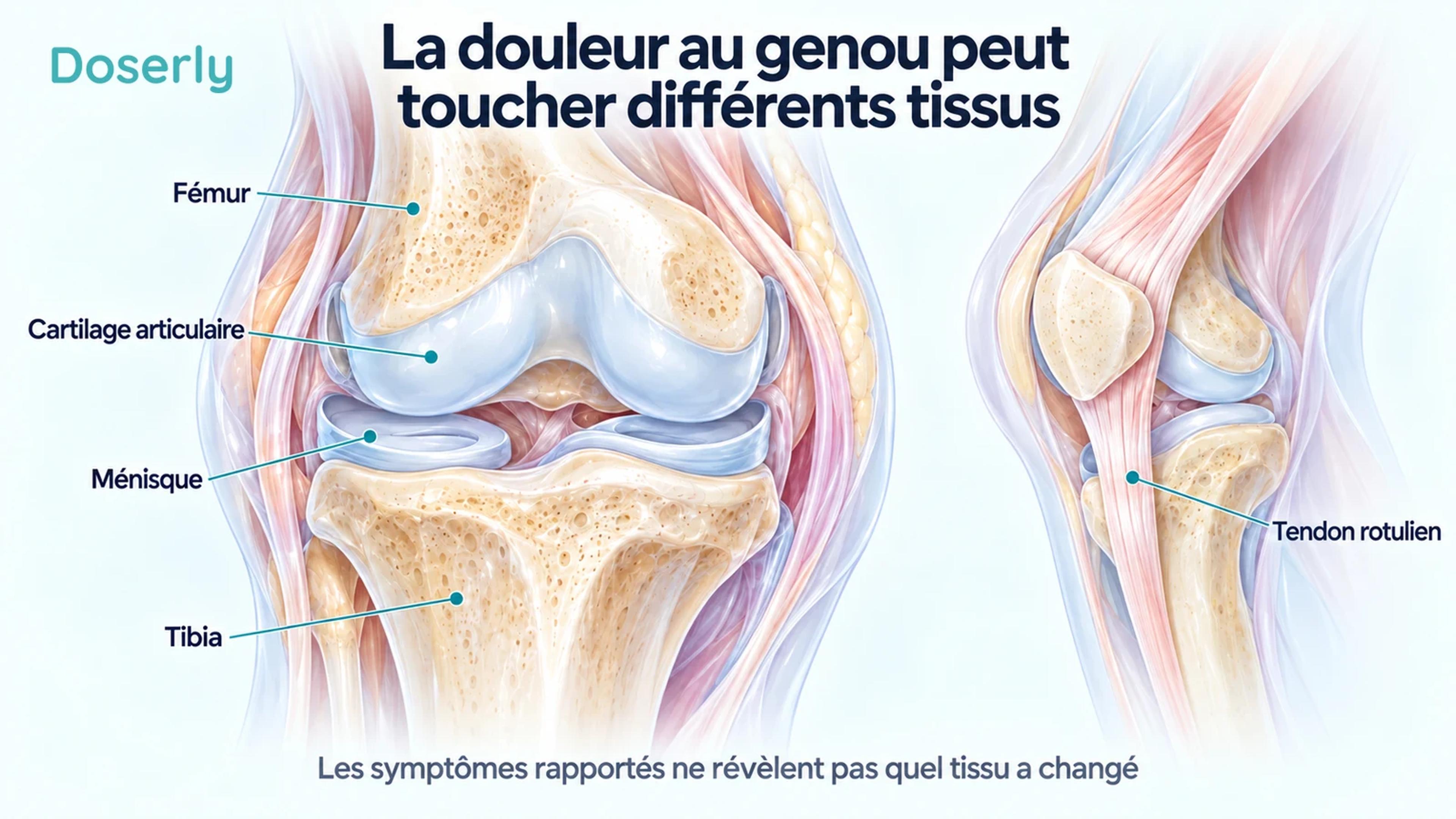 Atlas médical du genou montrant le fémur, le tibia, le cartilage articulaire, le ménisque et le tendon rotulien.