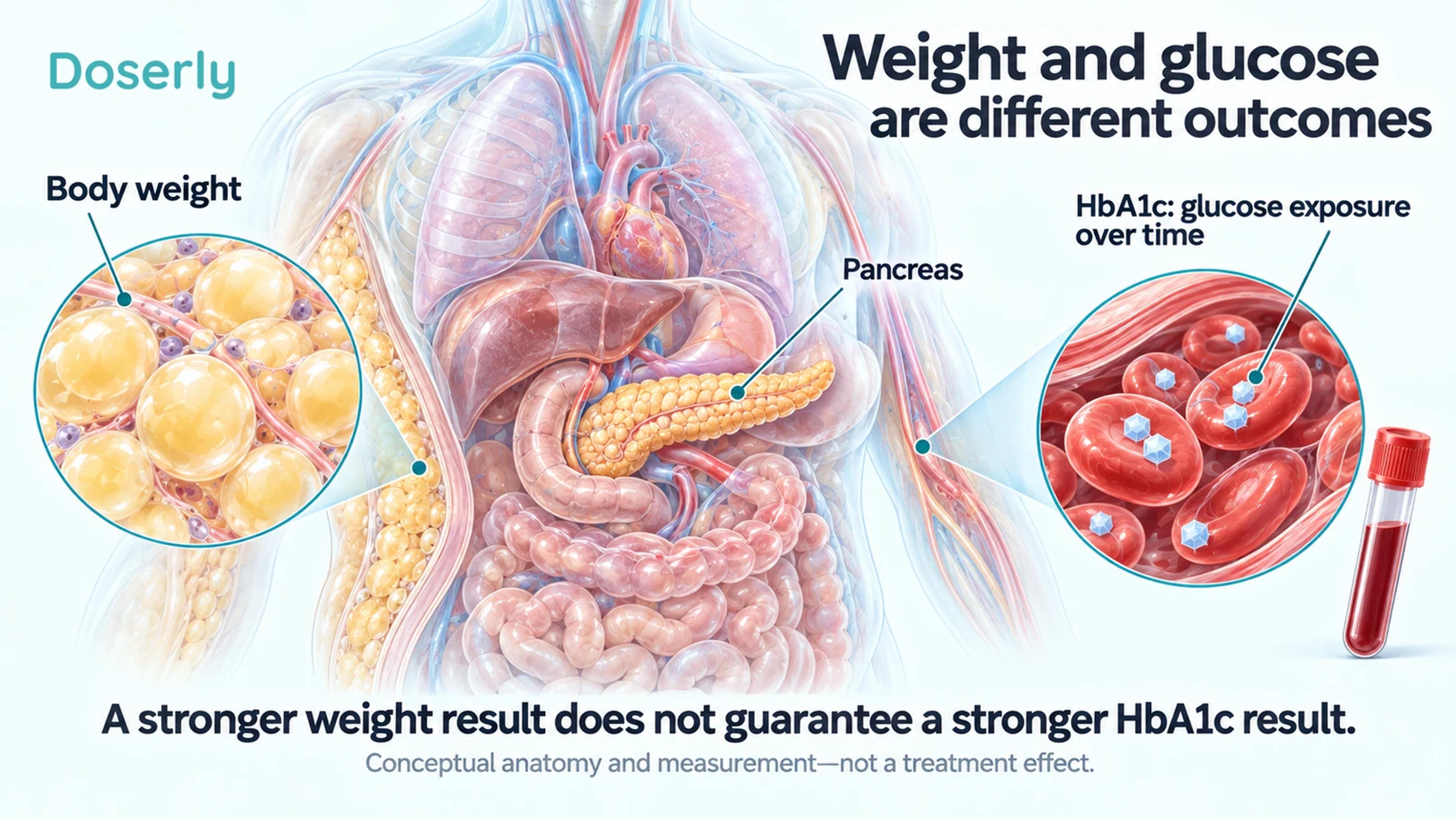 Body tissues and red blood cells illustrate why weight and HbA1c measure different outcomes