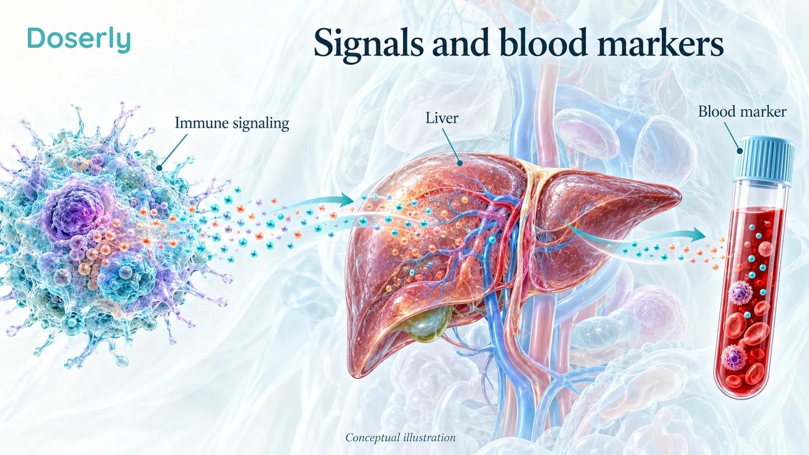 An immune cell, liver and blood sample illustrate the distinction between inflammatory signaling and a blood marker.