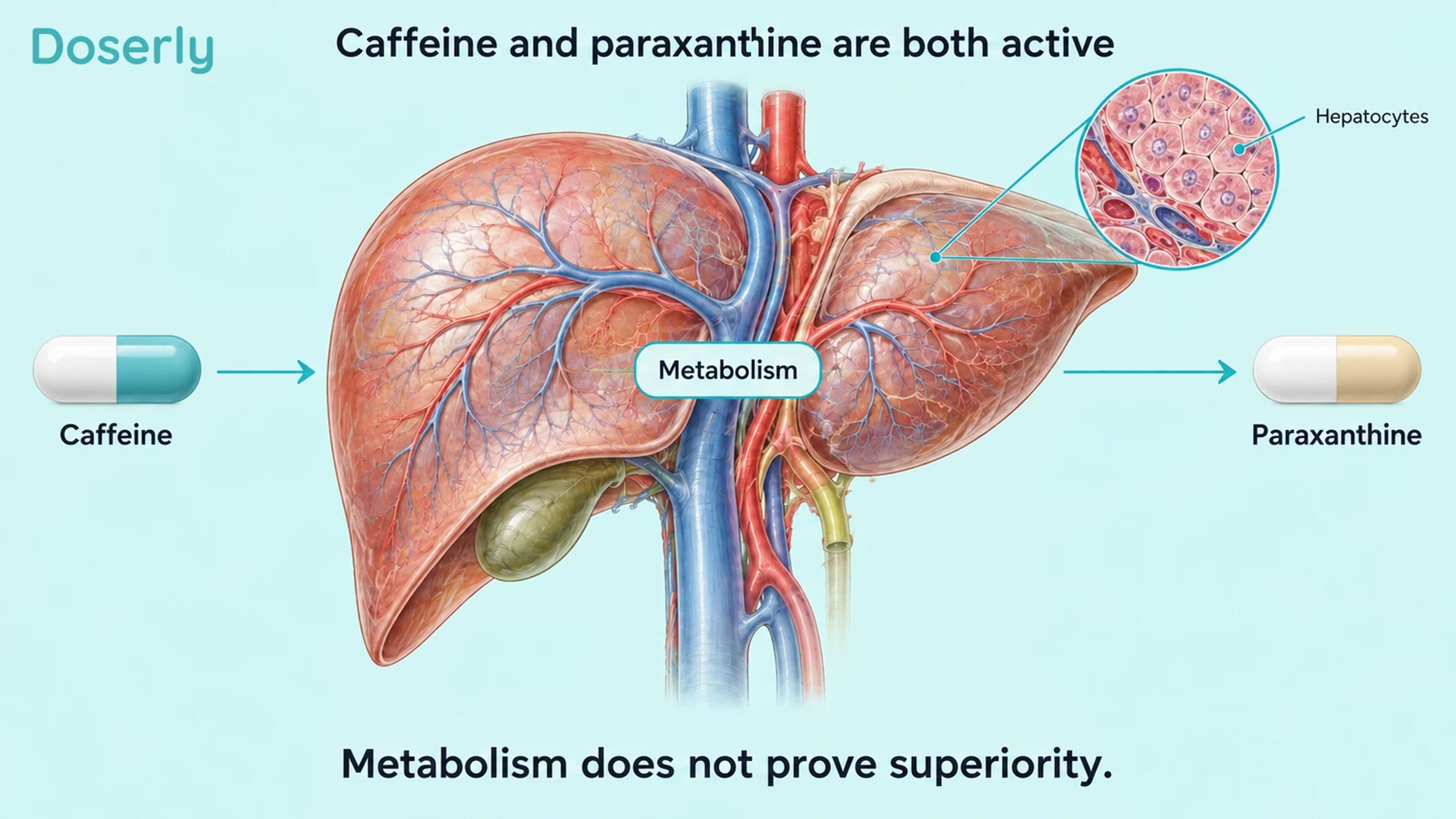 A translucent liver and circulating blood vessels illustrate the conversion of caffeine into paraxanthine, with both compounds labeled as active exposures.
