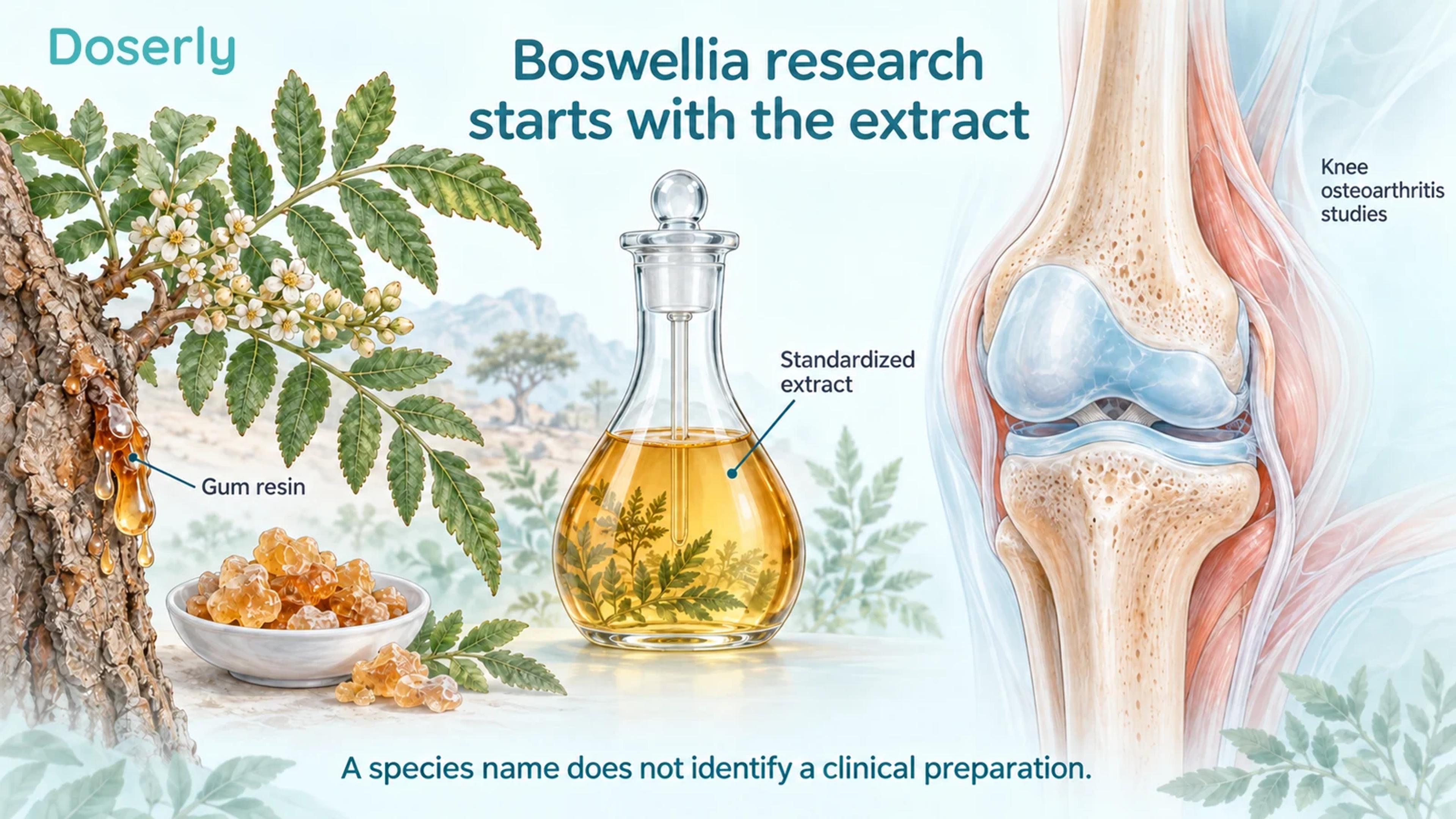 Boswellia serrata leaves, bark resin and an extraction vessel appear beside detailed knee anatomy.