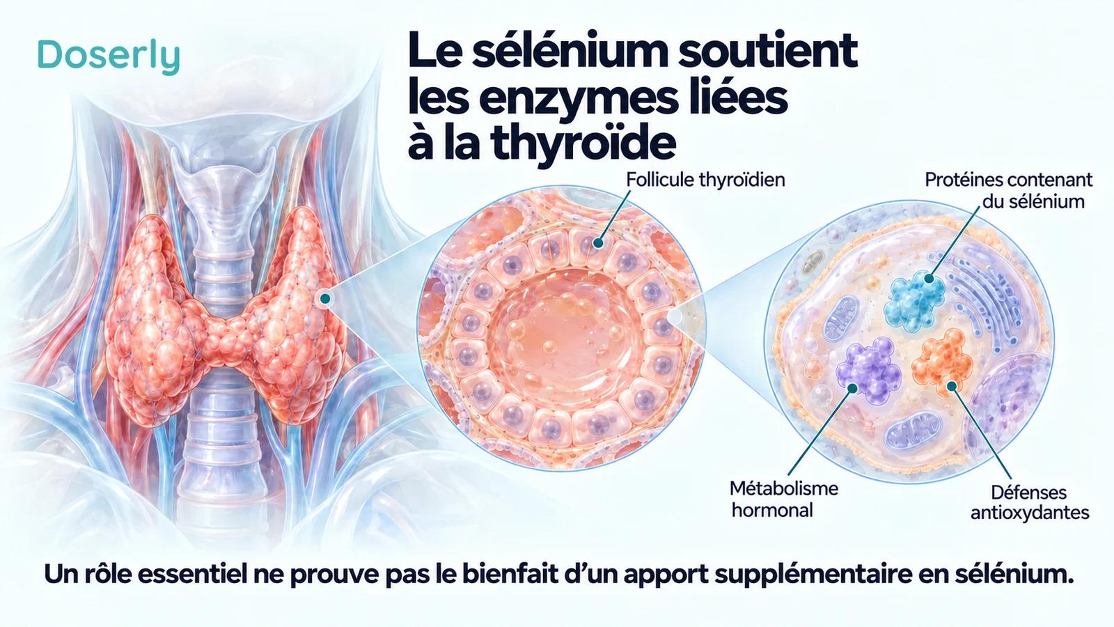 Une glande thyroïde, un follicule agrandi et des représentations conceptuelles de protéines cellulaires expliquent les rôles du sélénium dans le métabolisme hormonal et les défenses antioxydantes.