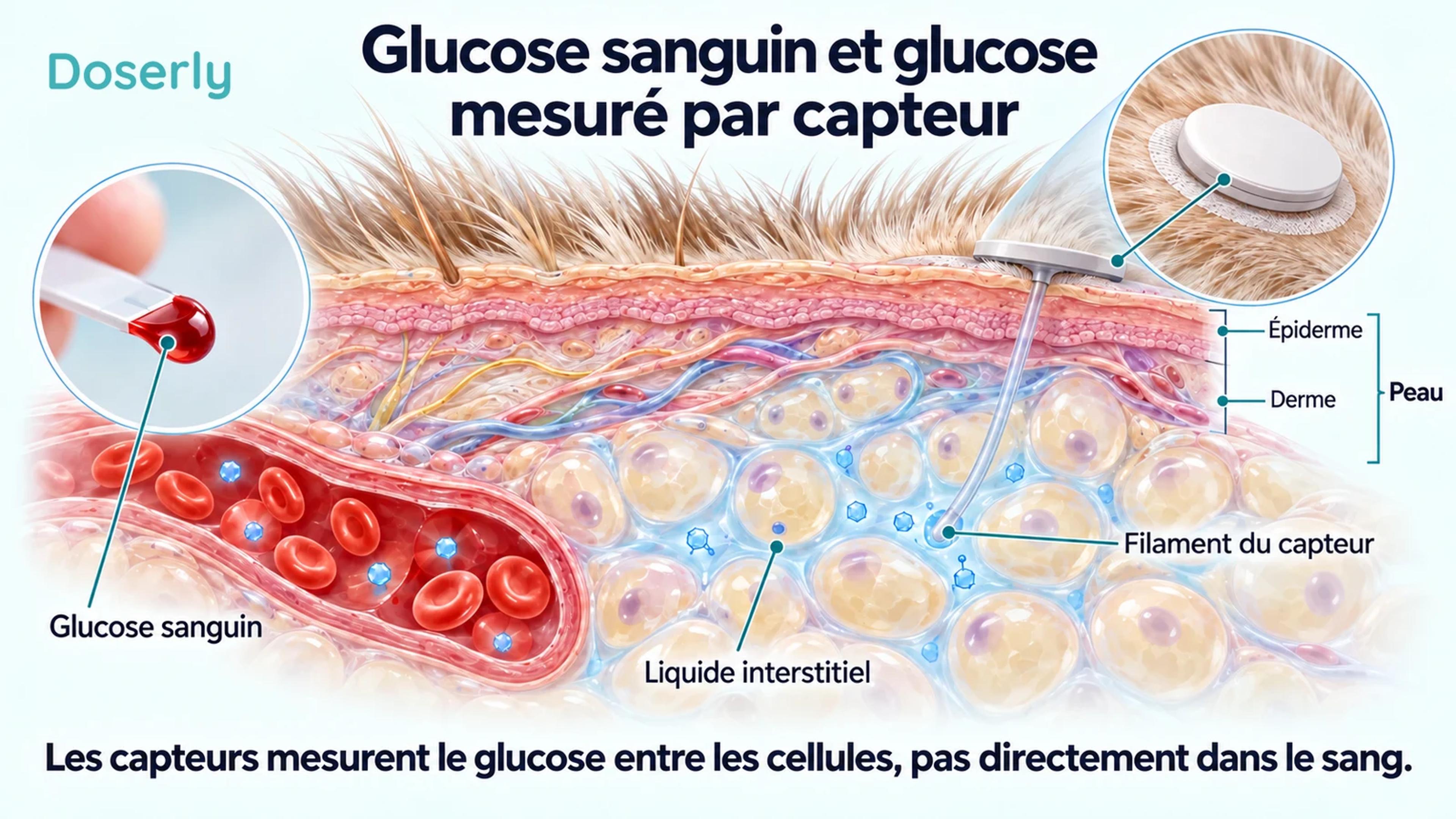 Coupe de peau de chat montrant un capillaire et le filament d’un capteur dont l’extrémité se trouve dans le liquide interstitiel, à l’extérieur du vaisseau sanguin.