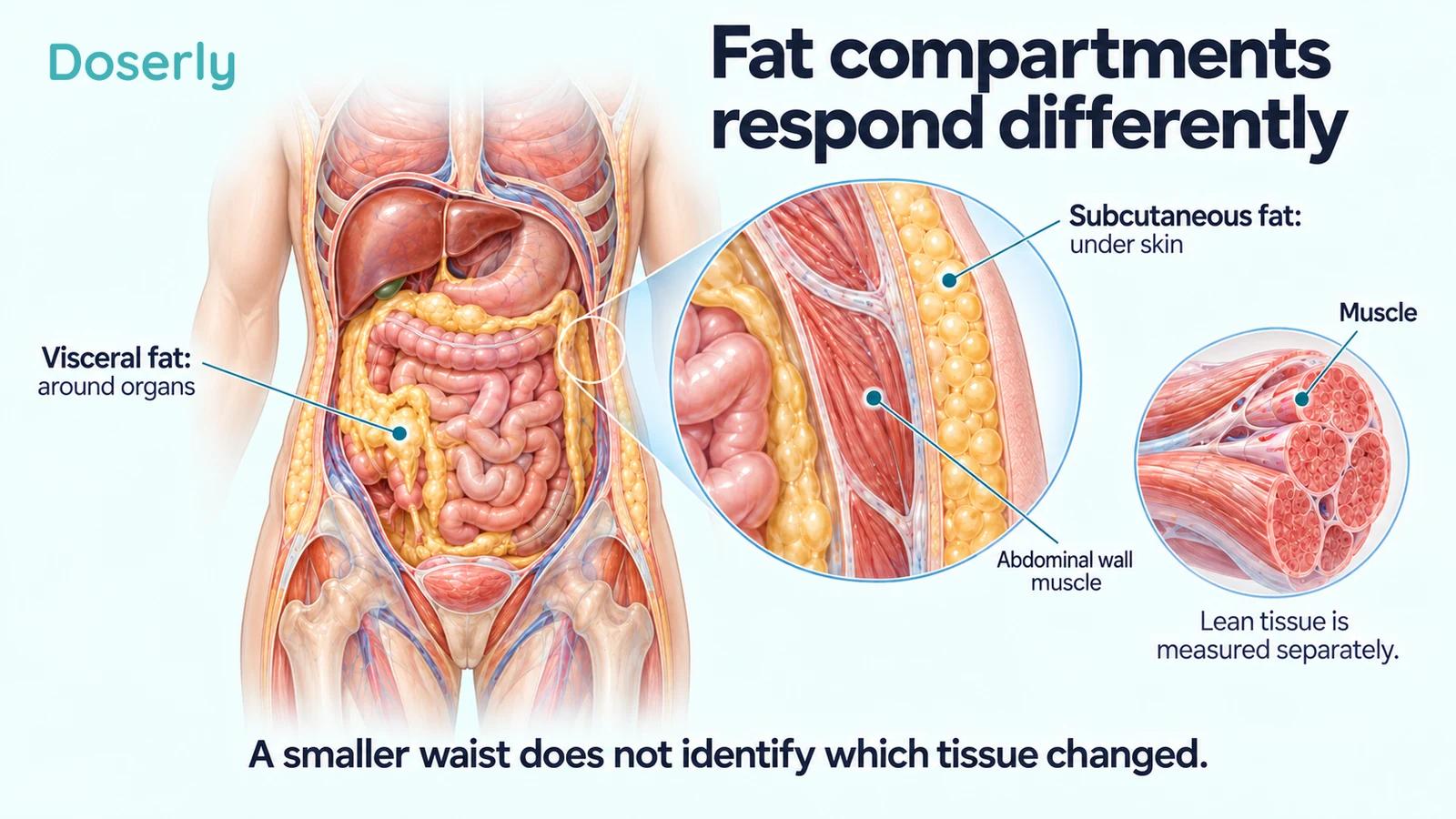 An abdominal cutaway shows visceral fat, subcutaneous fat and abdominal wall muscle, with a separate muscle-fiber inset.