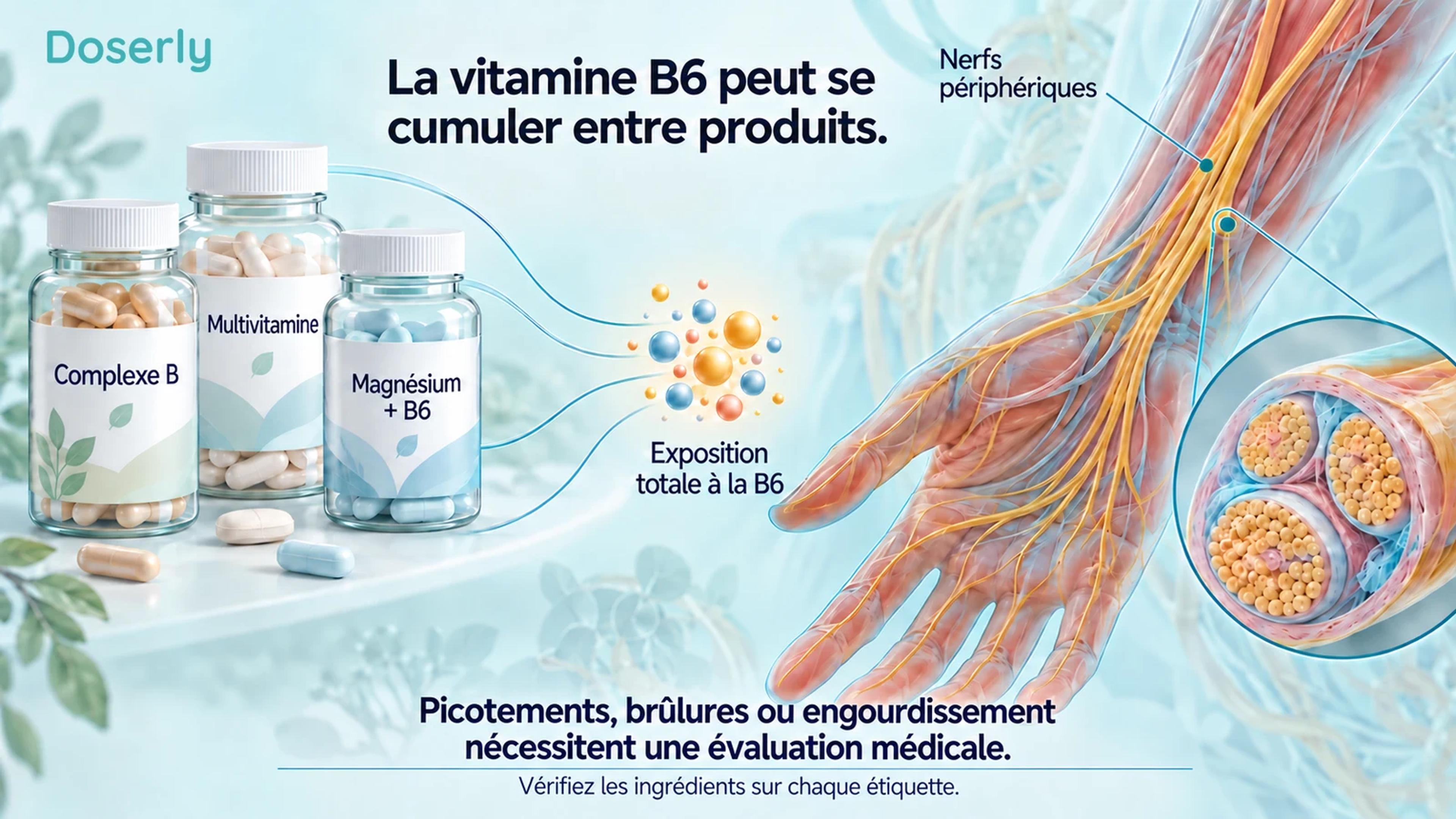 Trois flacons de suppléments contribuent à l’exposition totale à la vitamine B6, à côté d’une main détaillée, de nerfs périphériques et d’un faisceau nerveux agrandi.