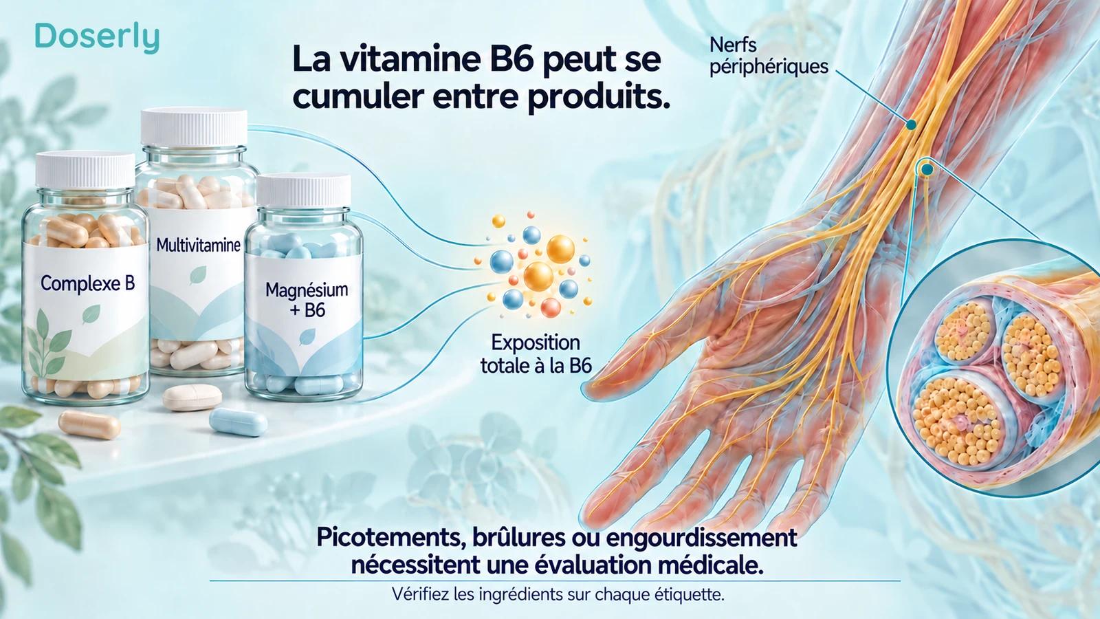Trois flacons de suppléments contribuent à l’exposition totale à la vitamine B6, à côté d’une main détaillée, de nerfs périphériques et d’un faisceau nerveux agrandi.