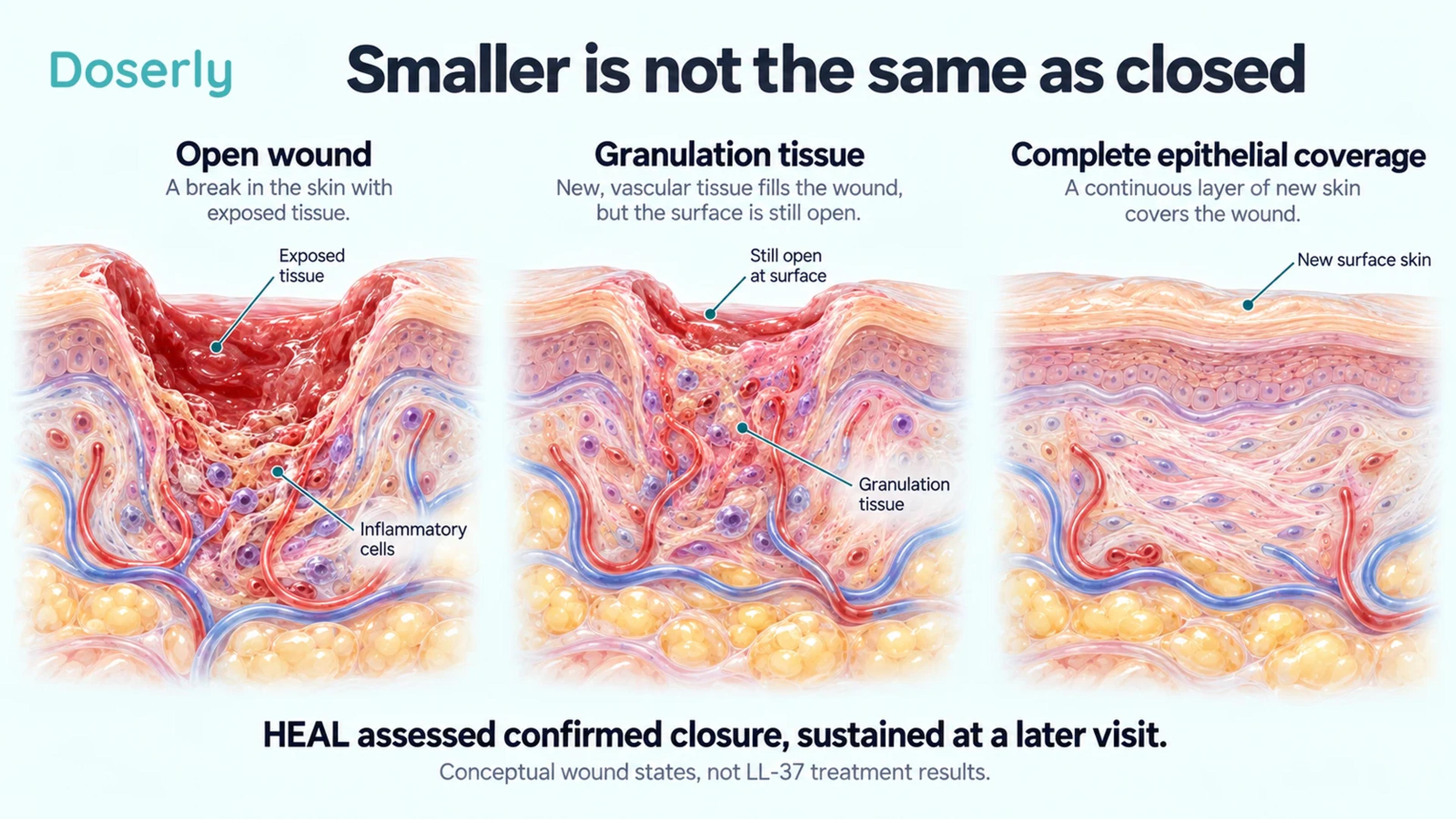 Three conceptual skin cross-sections showing an open wound, granulation tissue and continuous epithelial coverage.
