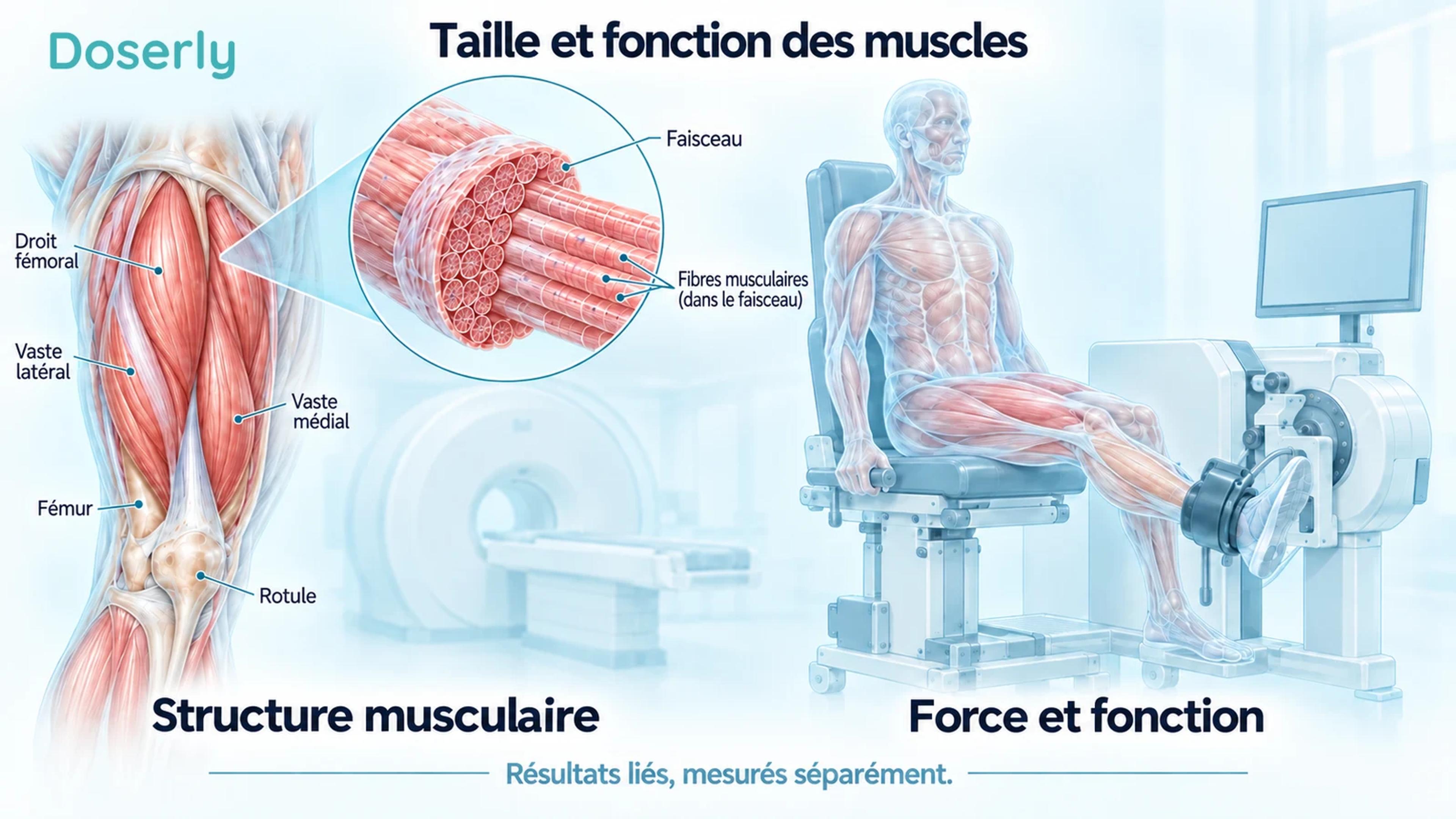 Anatomie détaillée des muscles de la cuisse à côté d’une silhouette anatomique translucide installée à un appareil conceptuel d’évaluation de l’extension du genou.