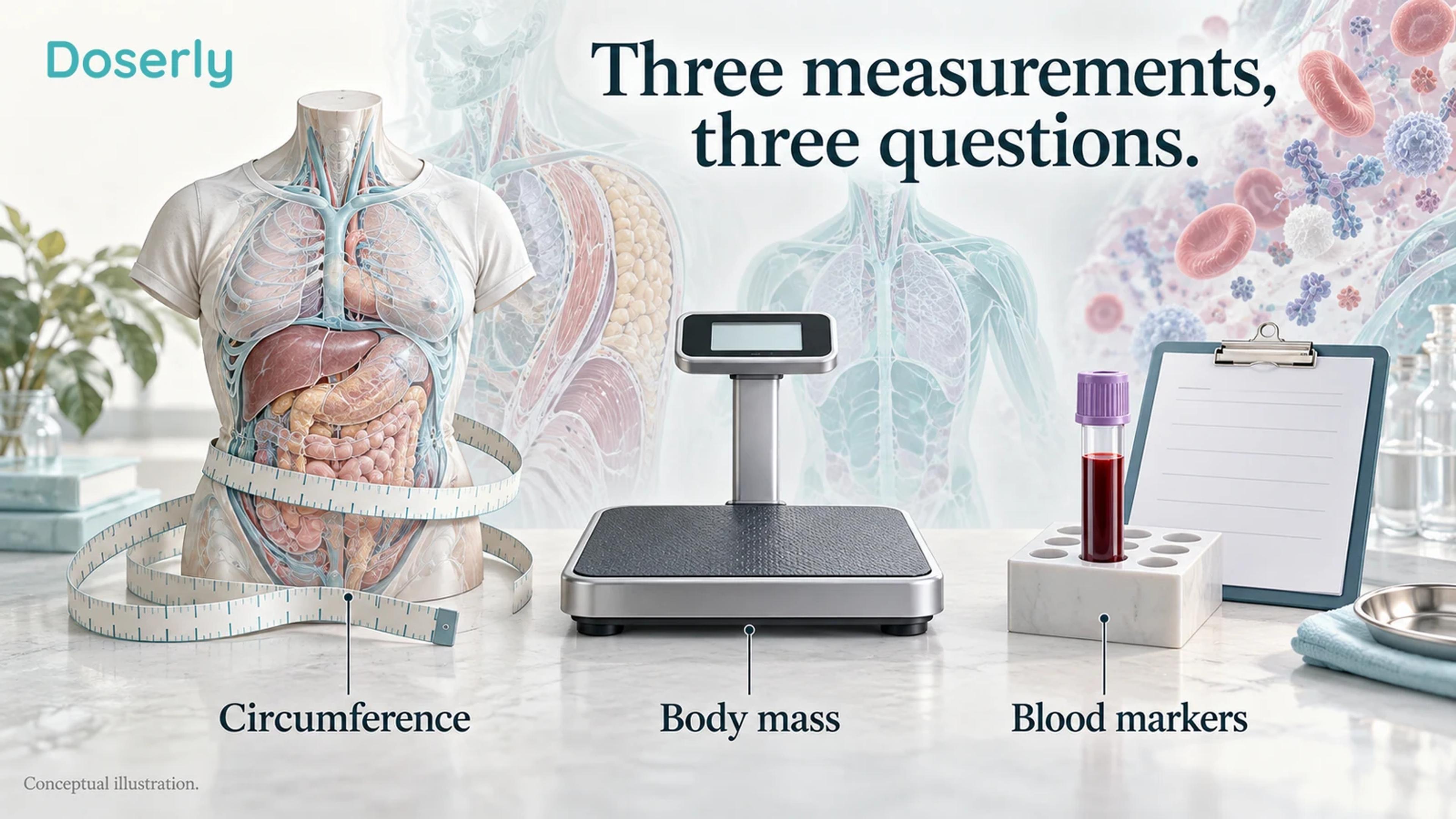 Conceptual measurement tools distinguish circumference, body mass and laboratory health measurements.