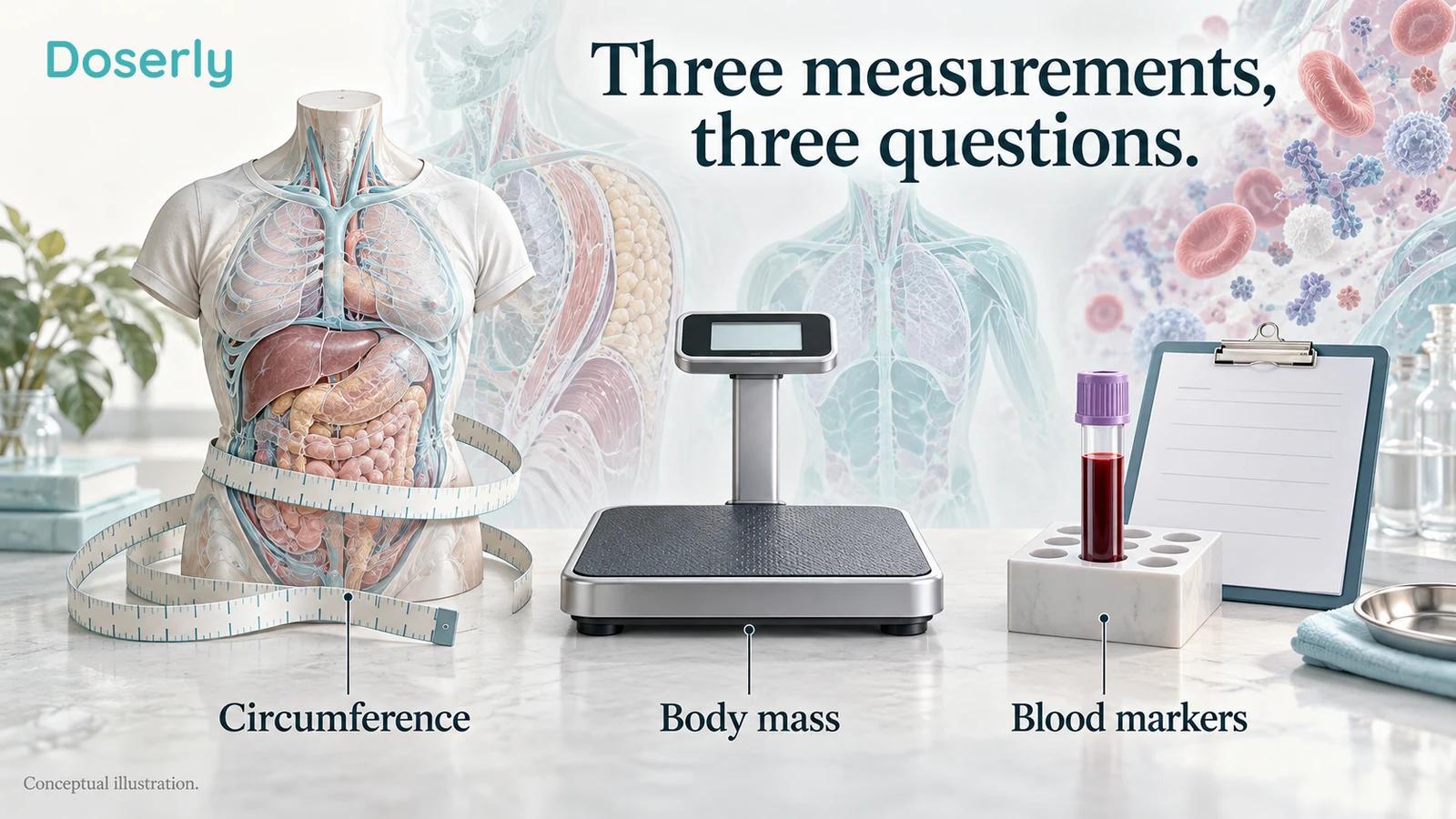 Conceptual measurement tools distinguish circumference, body mass and laboratory health measurements.