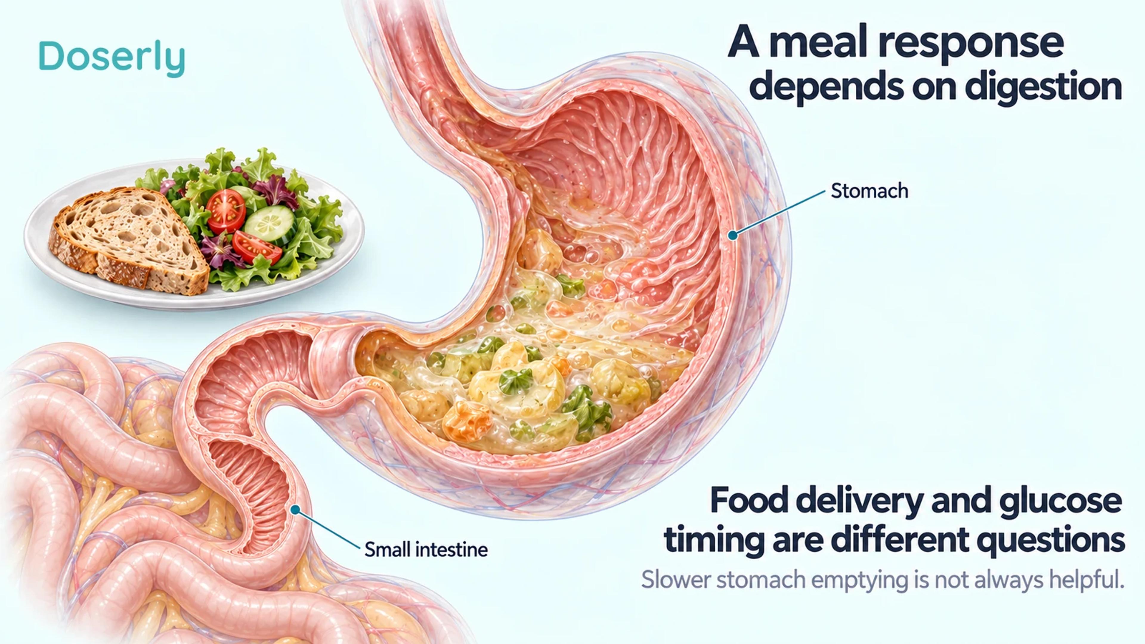 Cutaway stomach and connected small intestine beside a meal, explaining food delivery and the timing of glucose responses