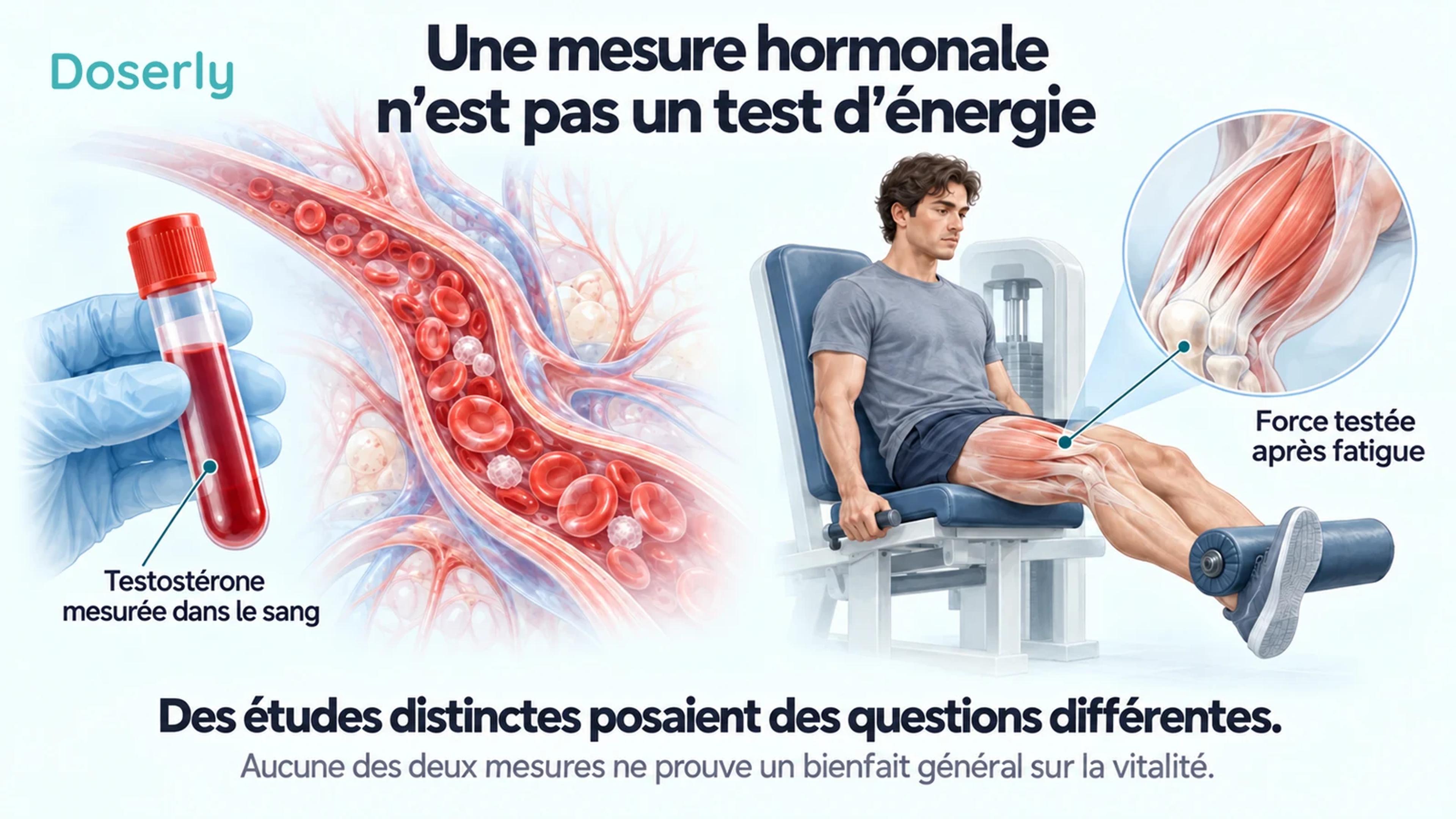 Échantillon de sang et vaisseau sanguin à côté d’un test d’extension du genou en position assise montrant l’anatomie du quadriceps, pour distinguer les mesures hormonales des mesures de performance physique.