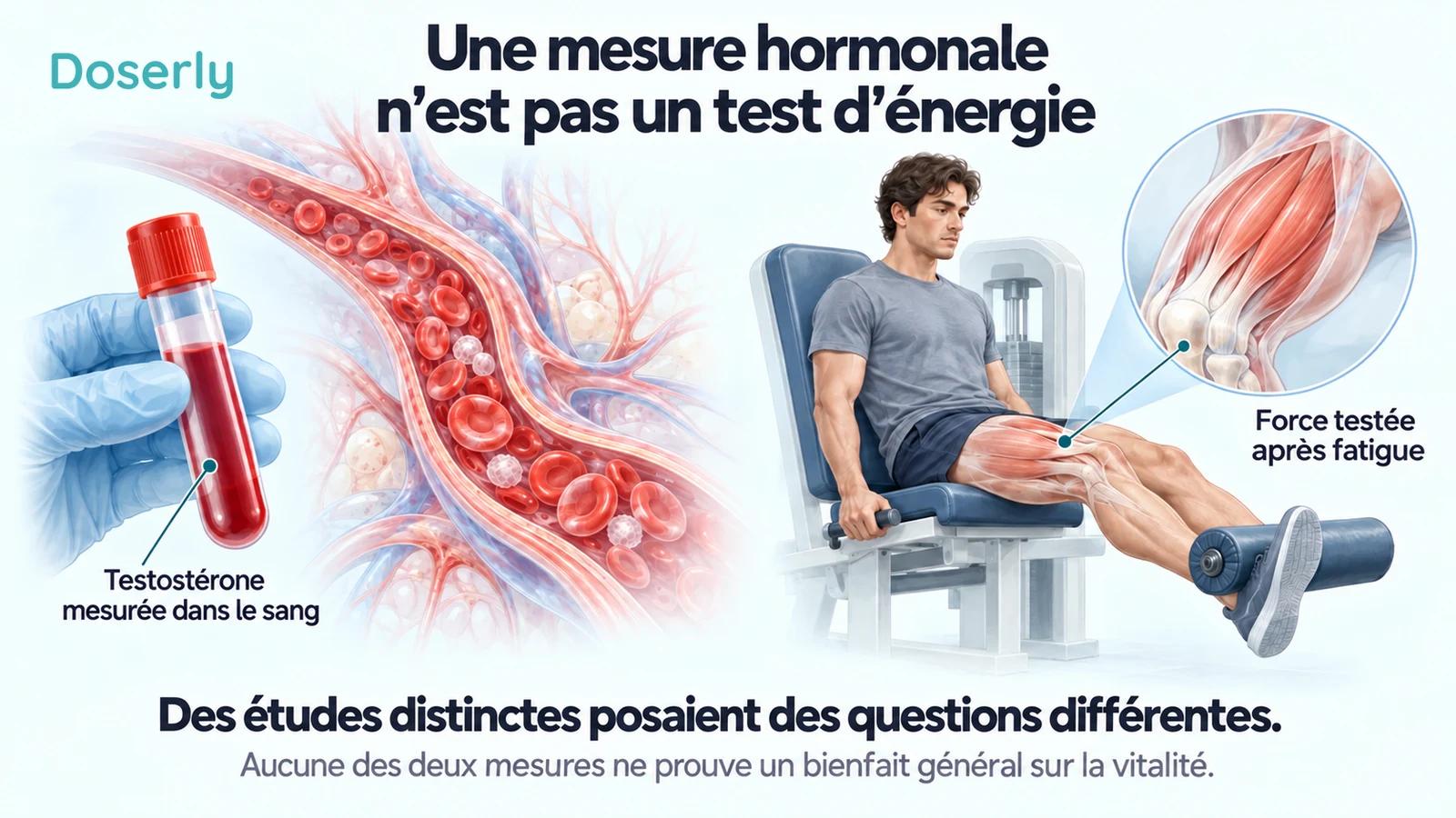 Échantillon de sang et vaisseau sanguin à côté d’un test d’extension du genou en position assise montrant l’anatomie du quadriceps, pour distinguer les mesures hormonales des mesures de performance physique.