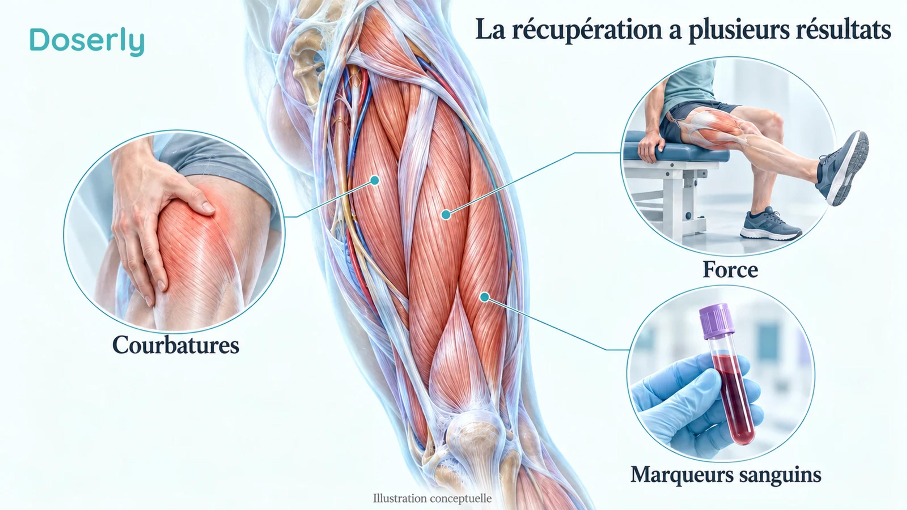 Coupe conceptuelle d’un muscle de la cuisse à côté d’illustrations de l’évaluation des courbatures, d’un test de force et d’un échantillon de sang.