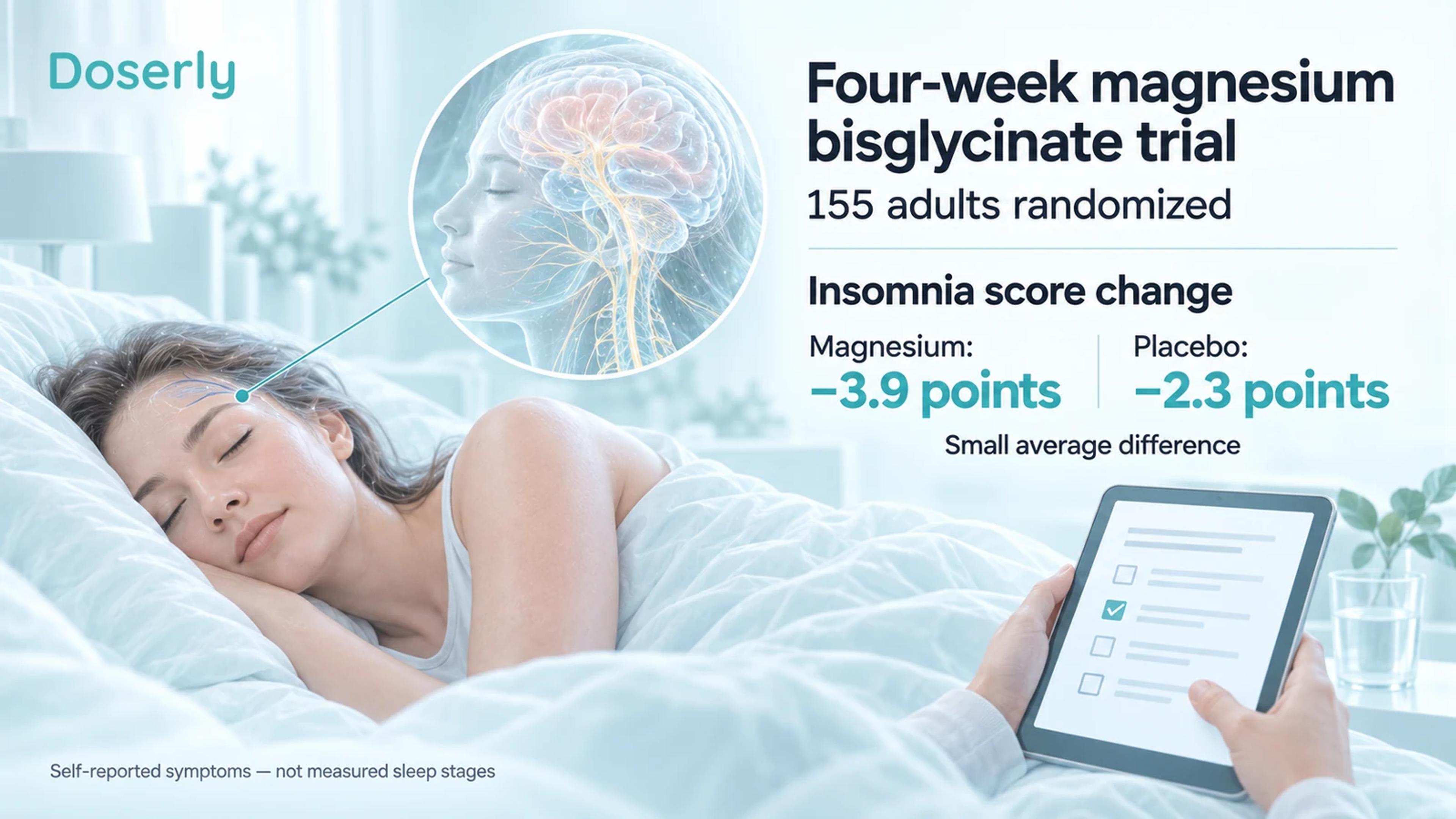 A sleeping adult and questionnaire accompany the four-week trial results: insomnia scores fell 3.9 points with magnesium and 2.3 points with placebo.