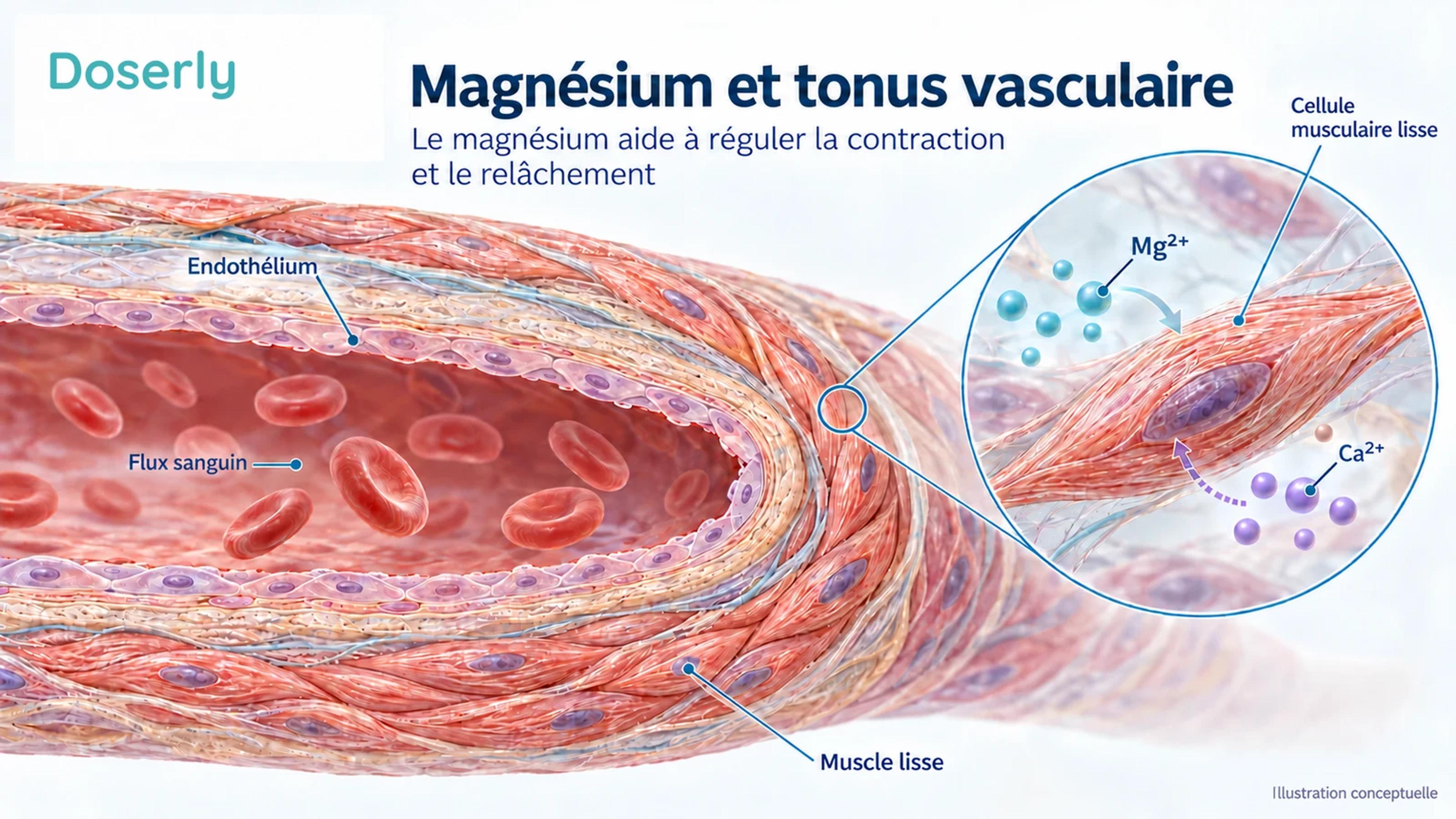 Une coupe détaillée d’une artère montre sa paroi endothéliale, son muscle lisse et des globules rouges en circulation; une cellule agrandie illustre la signalisation du magnésium et du calcium.