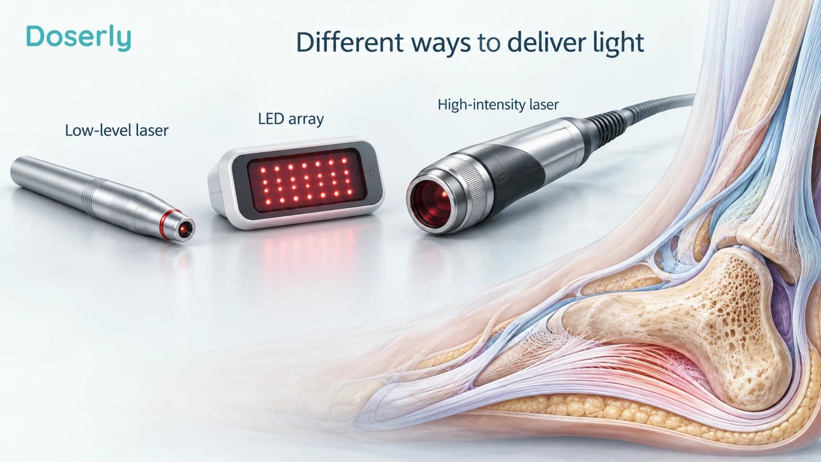Separate clinical light probe and broader LED emitter beside a detailed heel cutaway, without exposure settings or treatment instructions.