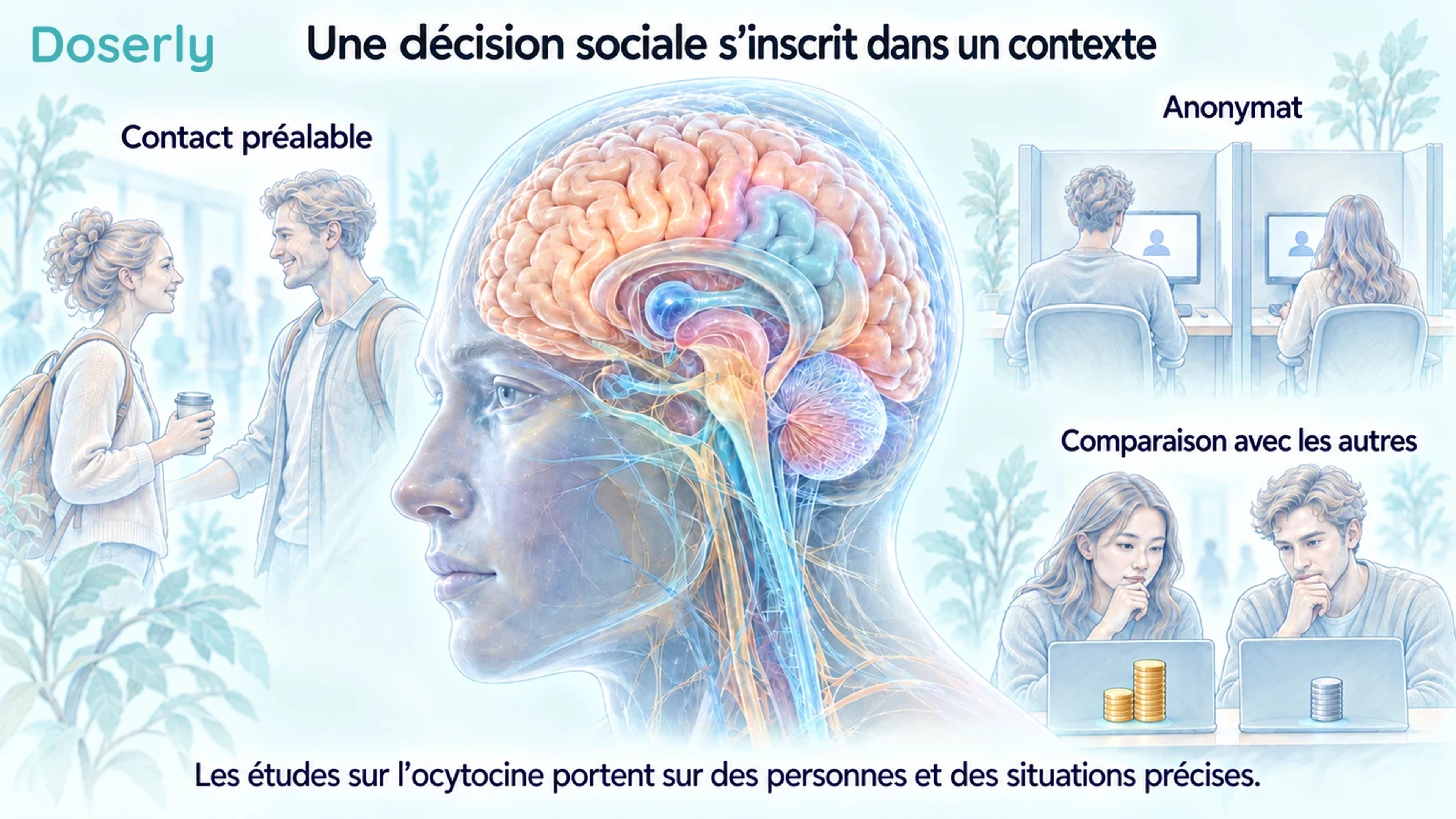 Un cerveau schématique entouré de scènes de contact préalable, d’anonymat et de comparaison sociale.