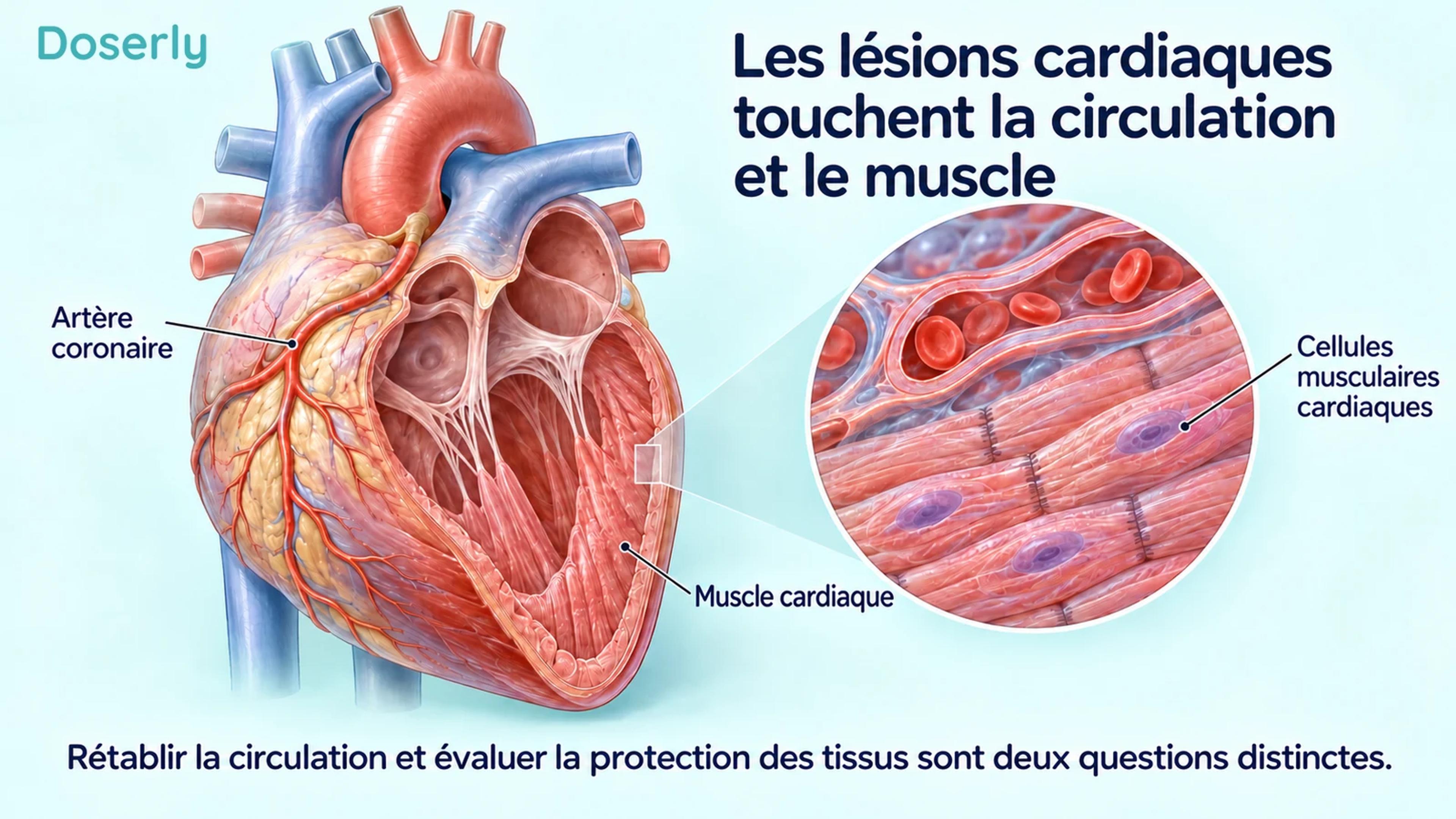 Une coupe détaillée du cœur montre l’irrigation coronarienne et le muscle cardiaque, avec un encadré agrandi d’une cellule cardiaque.