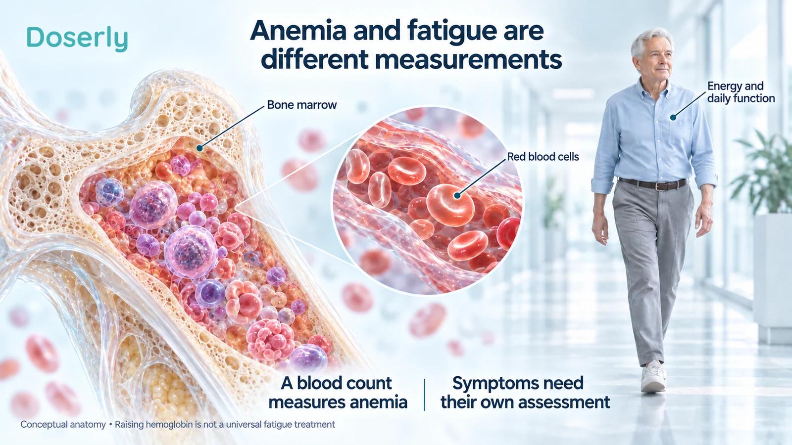 Bone marrow and red blood cells beside an older man walking, distinguishing a blood-count result from energy and daily function.