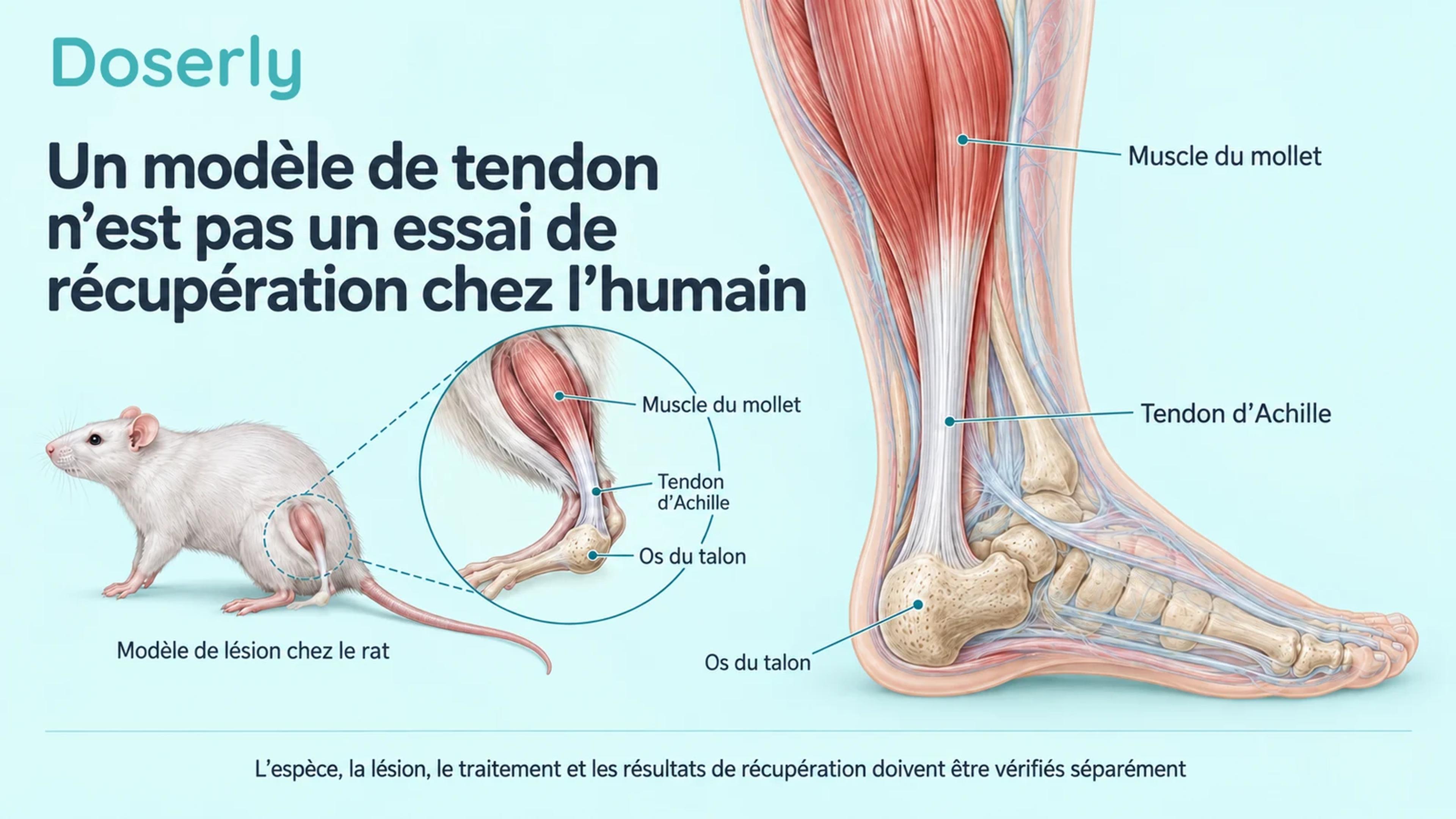 Anatomie détaillée du tendon d’Achille dans la partie inférieure d’une jambe humaine, à côté d’un modèle annoté du membre postérieur d’un rat.