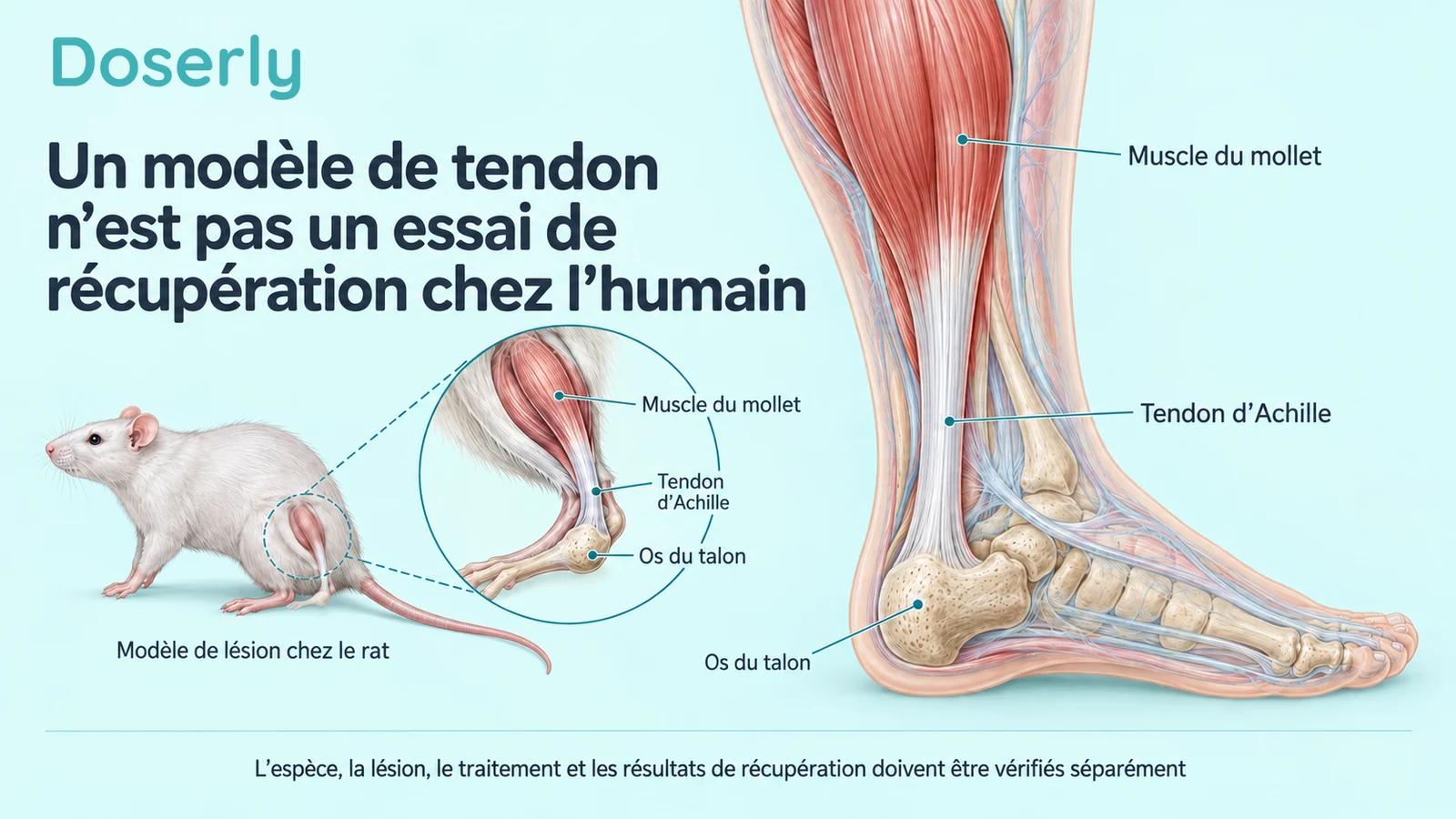 Anatomie détaillée du tendon d’Achille dans la partie inférieure d’une jambe humaine, à côté d’un modèle annoté du membre postérieur d’un rat.