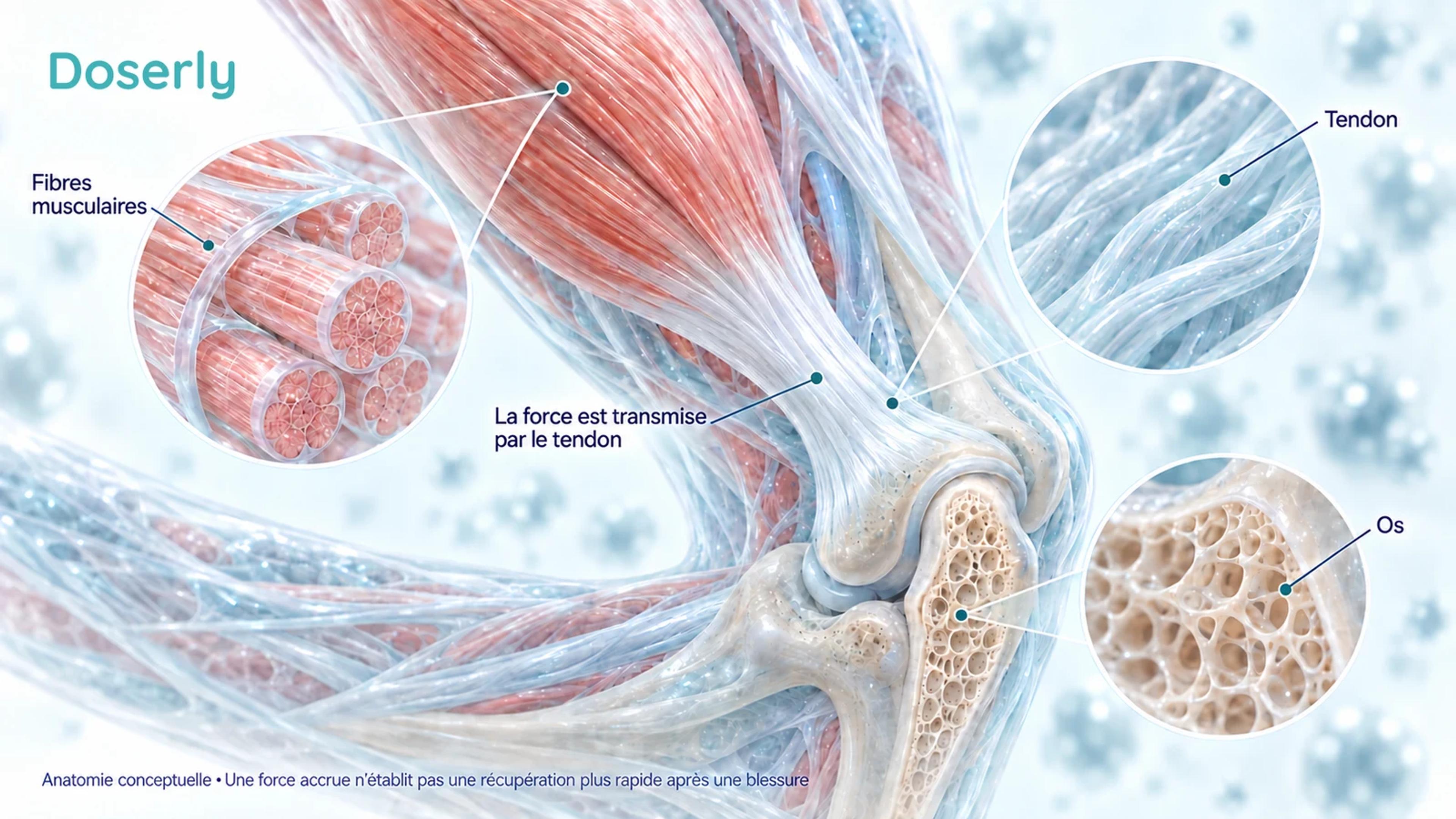 Vue en coupe conceptuelle détaillée d’un muscle, d’un tendon et d’un os, avec agrandissement des fibres musculaires, du collagène et de la structure osseuse.