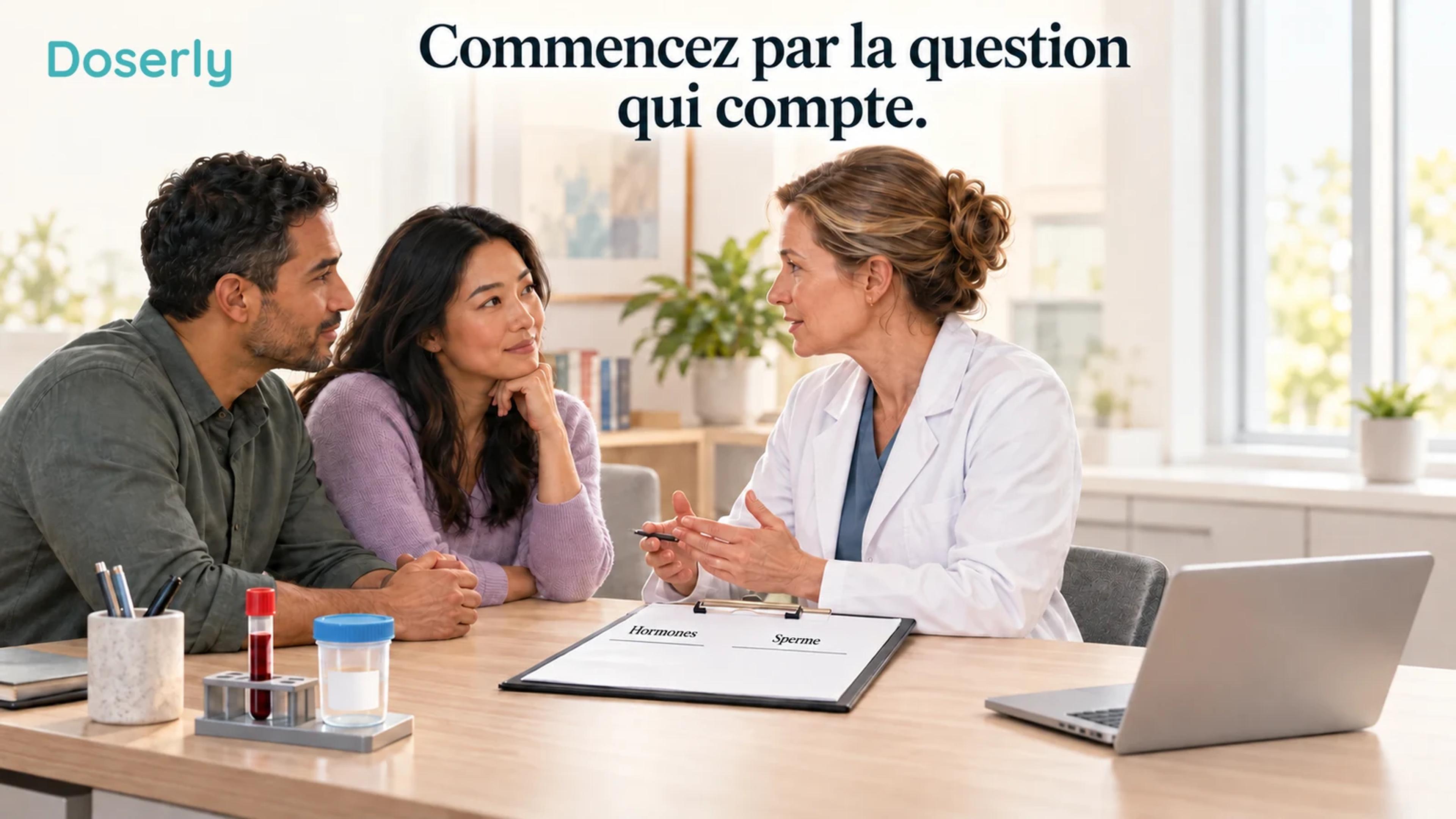 Une consultation conceptuelle en fertilité montre un couple adulte et un clinicien examinant séparément les évaluations hormonales et du sperme.