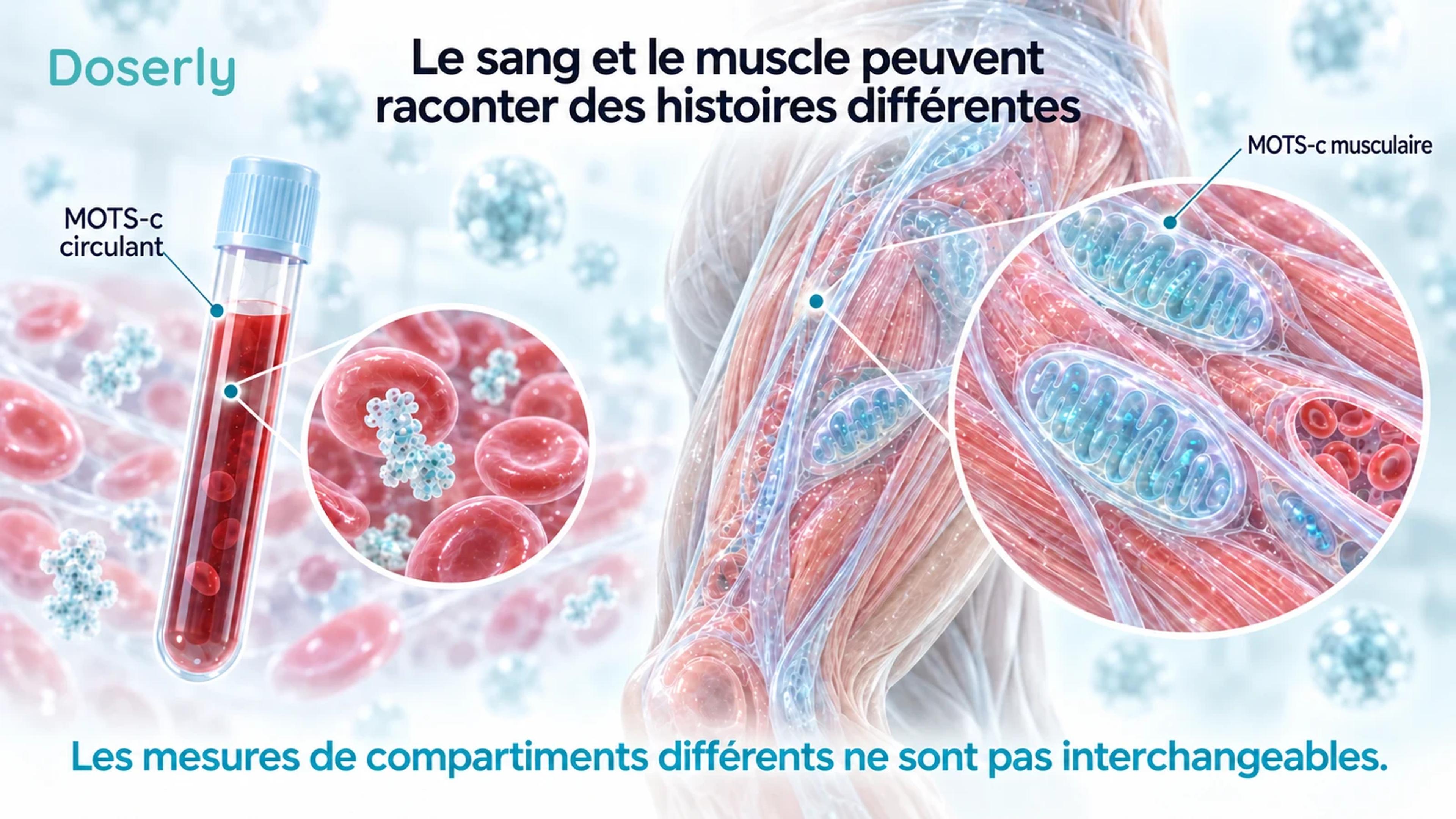 Vue détaillée en coupe d’un muscle, à côté d’un capillaire et d’un tube de prélèvement sanguin, avec des étiquettes distinctes pour le MOTS-c circulant et musculaire.
