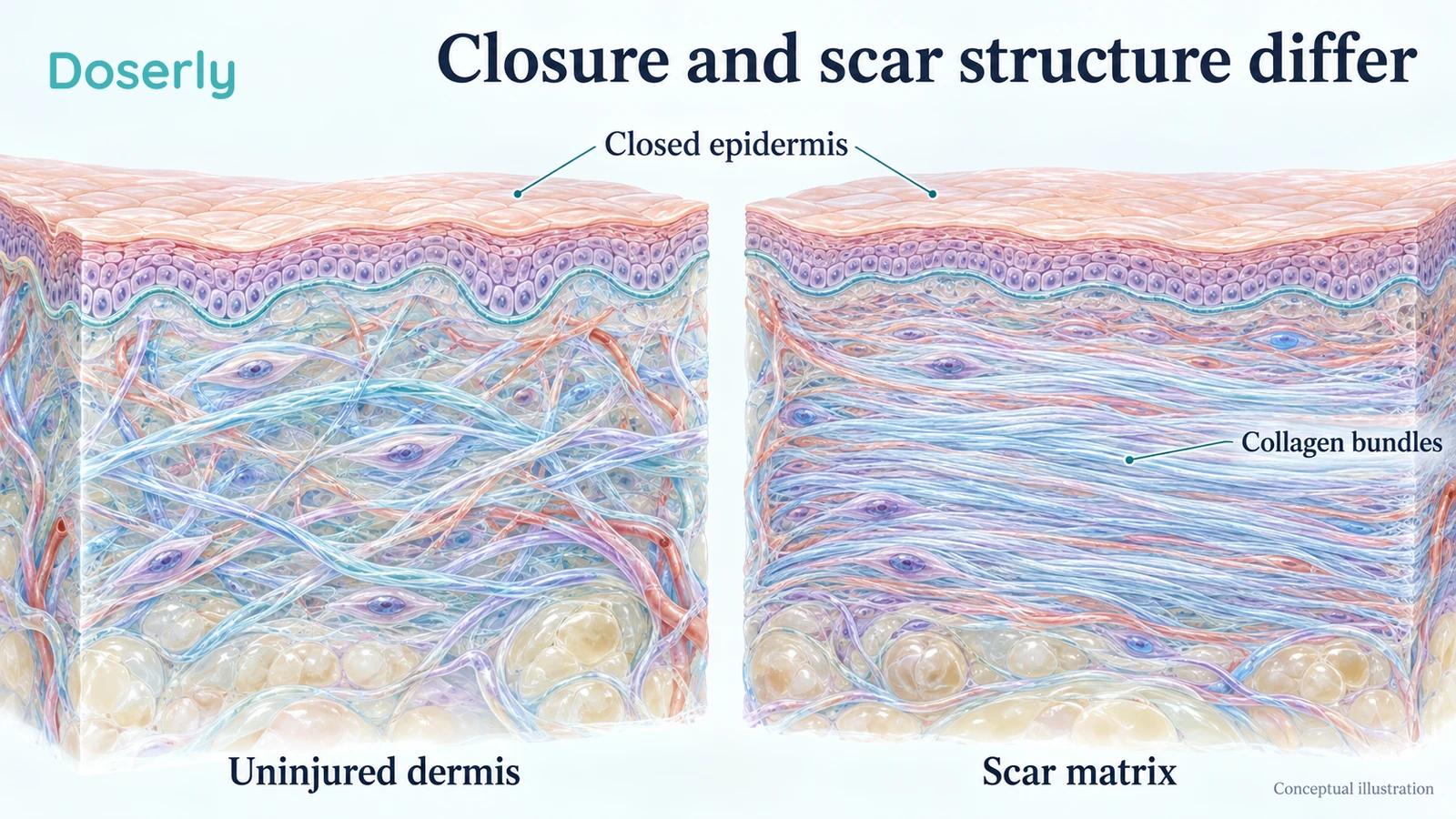 Two conceptual skin cross sections compare interwoven dermal collagen with a denser scar matrix beneath a closed epidermis.