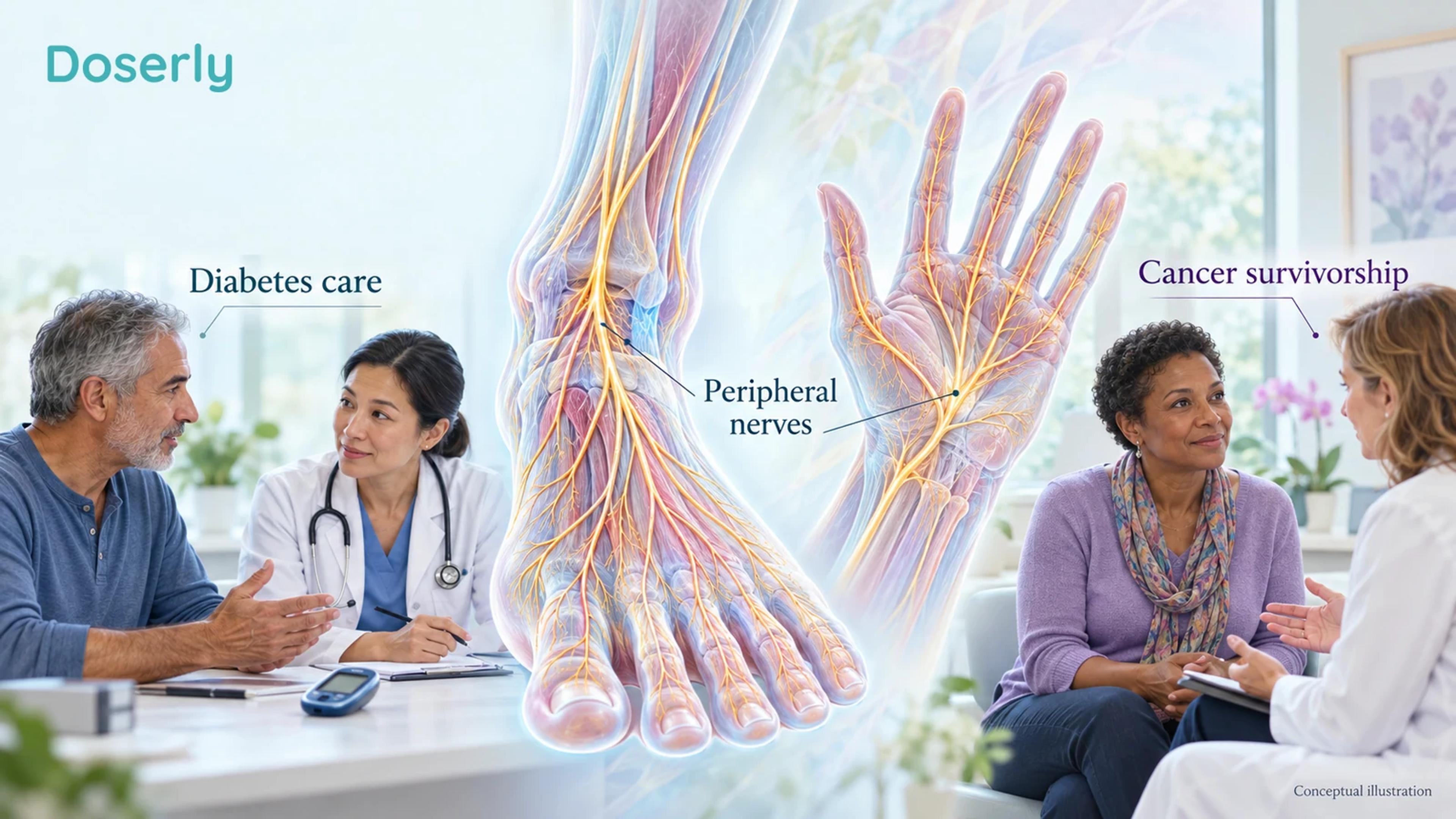 Two distinct clinical contexts show a diabetes consultation and a cancer-survivorship consultation, with peripheral nerve teaching models between them.
