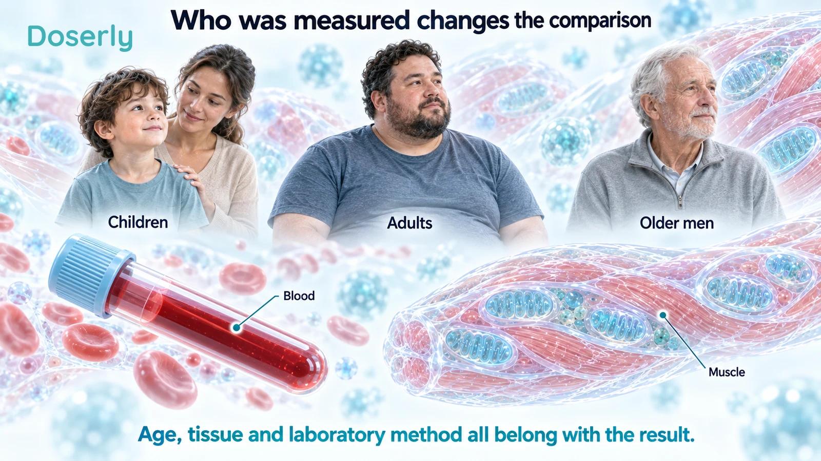 Conceptual portraits of different age groups alongside separate blood and muscle samples.