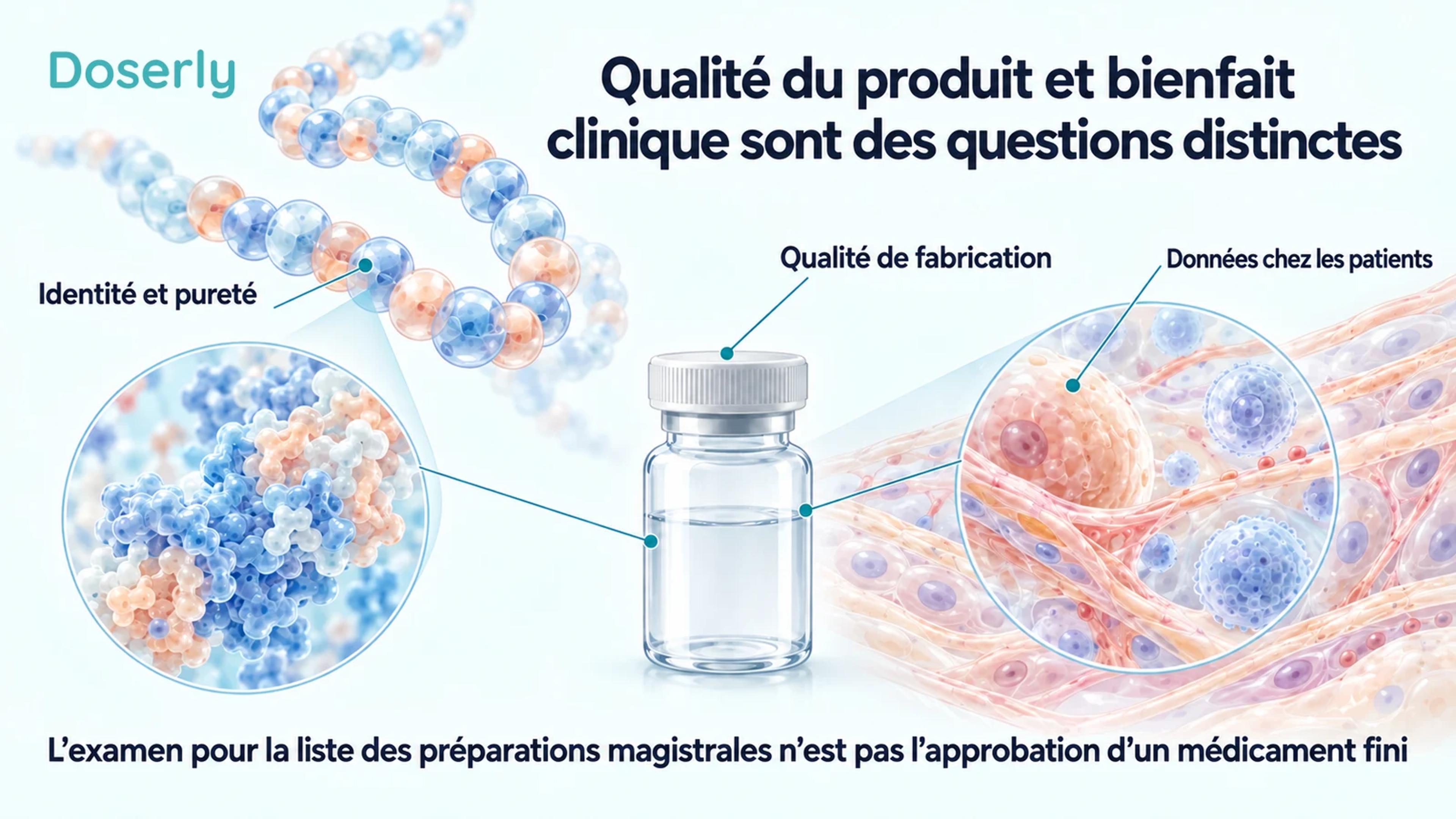 Des molécules de peptides conceptuelles, une fiole neutre et une illustration détaillée de tissus distinguent l’identité chimique, la qualité de fabrication et les données nécessaires chez les patients.