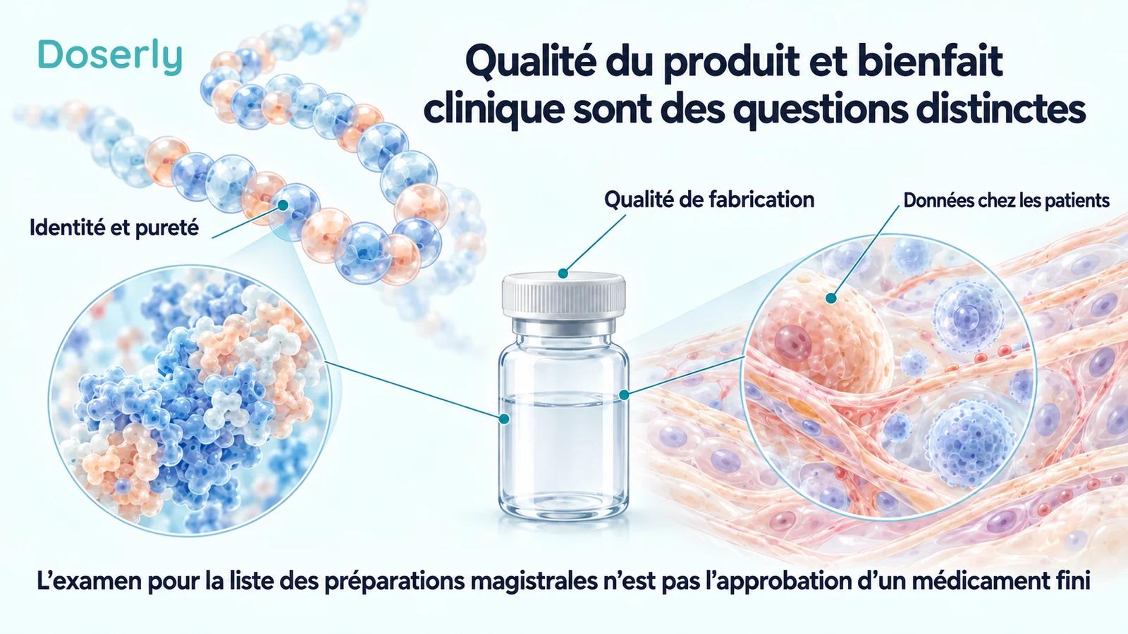 Des molécules de peptides conceptuelles, une fiole neutre et une illustration détaillée de tissus distinguent l’identité chimique, la qualité de fabrication et les données nécessaires chez les patients.