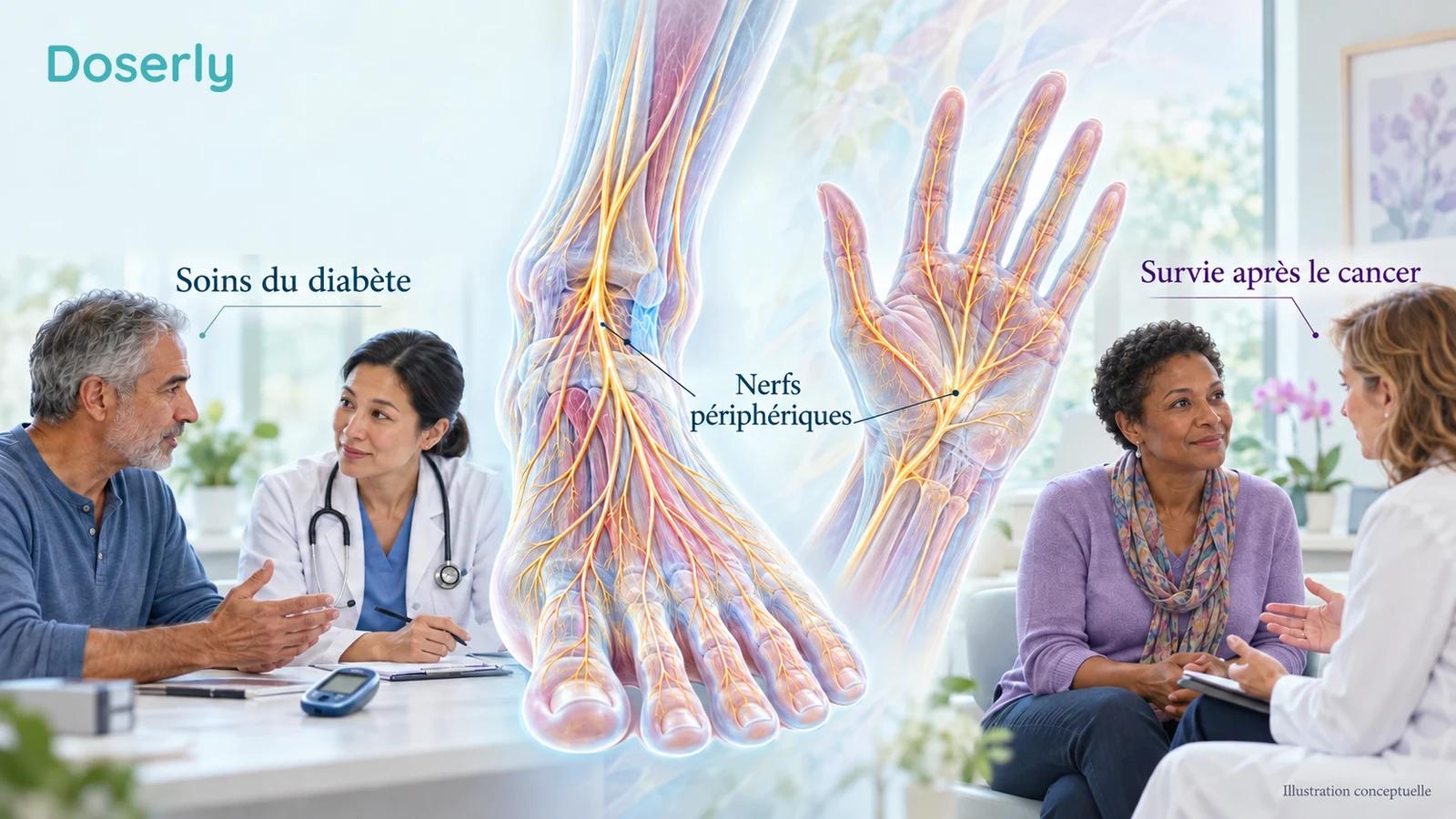 Deux contextes cliniques distincts montrent une consultation pour le diabète et une consultation après un cancer, avec des modèles pédagogiques de nerfs périphériques entre les deux.