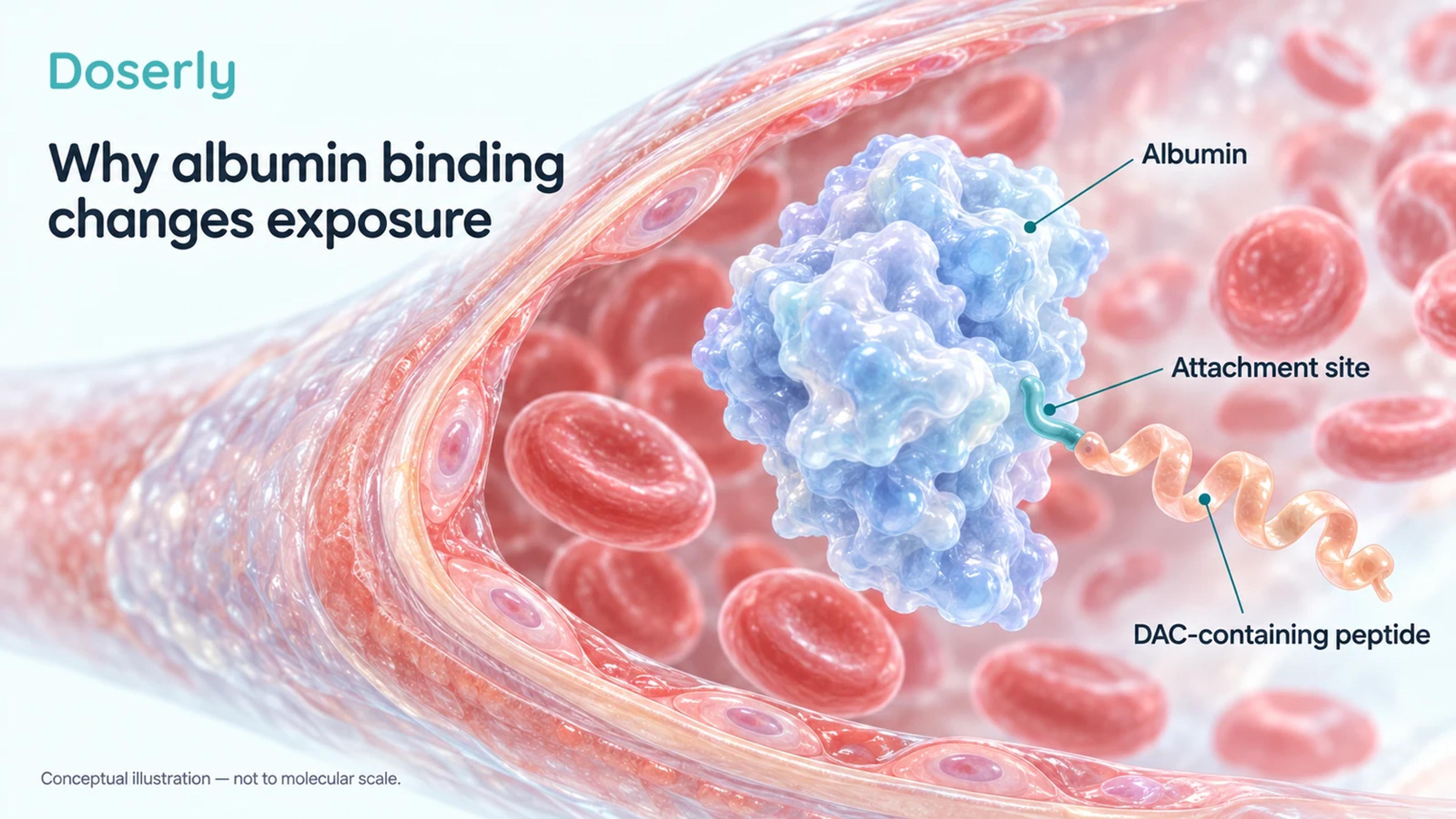 A detailed conceptual albumin protein with an attached DAC-containing peptide in a blood-vessel setting.