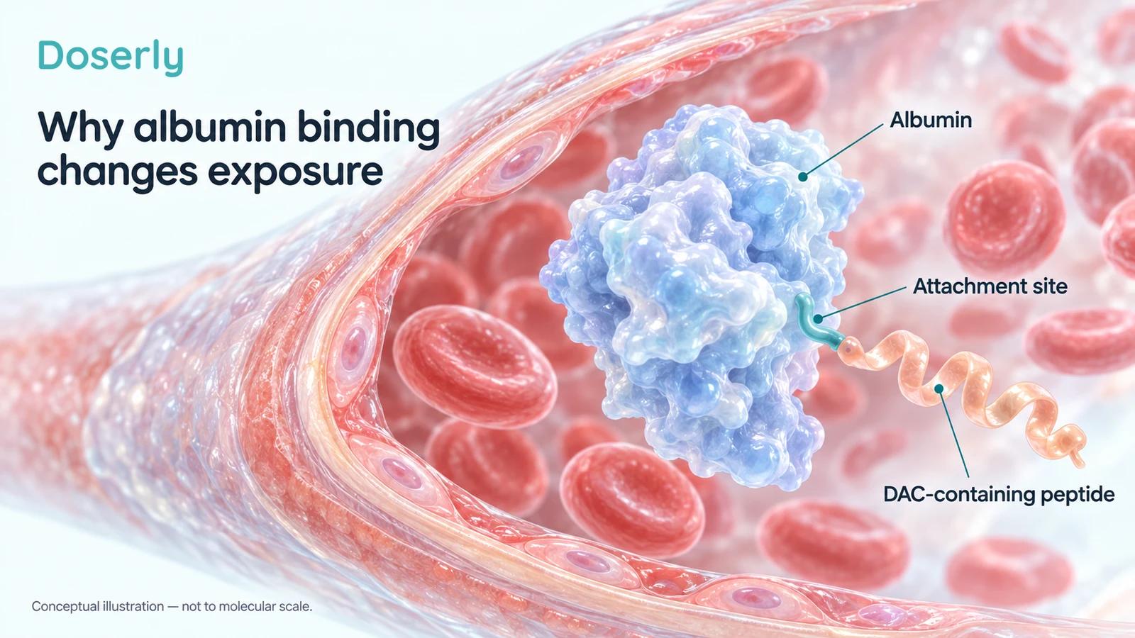 A detailed conceptual albumin protein with an attached DAC-containing peptide in a blood-vessel setting.