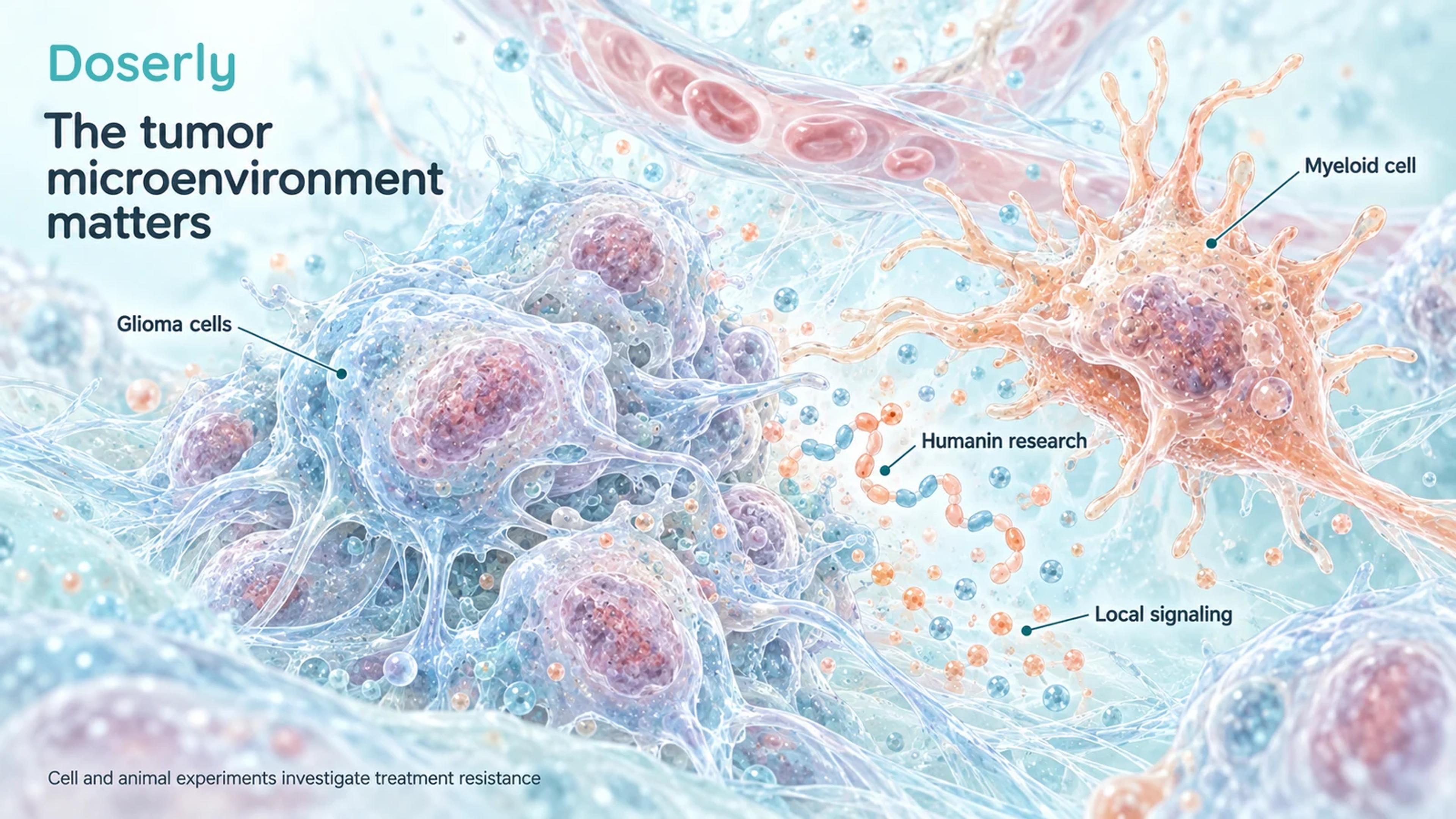 Glioma cell cluster and a branching myeloid cell in a detailed microscopic environment with local signaling labels