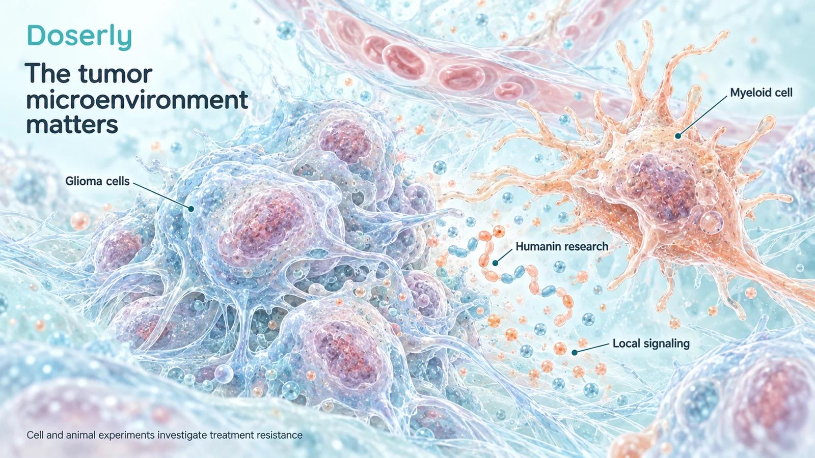 Glioma cell cluster and a branching myeloid cell in a detailed microscopic environment with local signaling labels