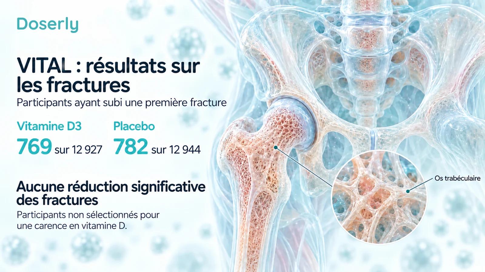 Nombre de fractures dans VITAL à côté de l’anatomie détaillée du bassin et du fémur proximal : 769 sur 12 927 avec la vitamine D3 et 782 sur 12 944 avec le placebo.