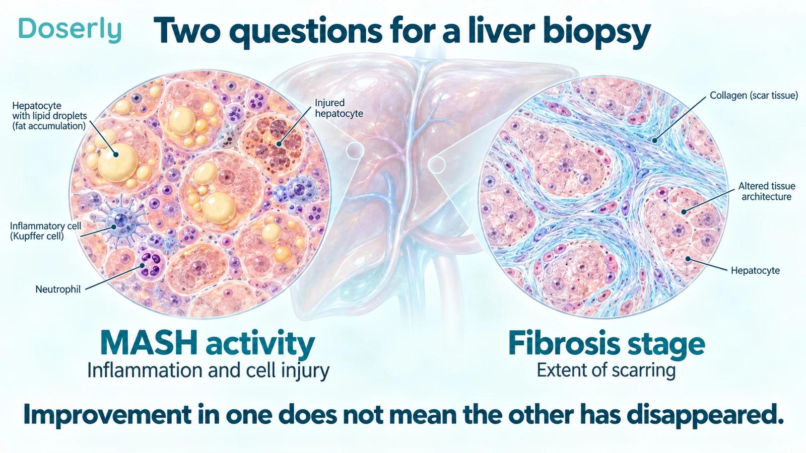 Two detailed liver-tissue illustrations distinguishing inflammatory activity from the extent of fibrosis.
