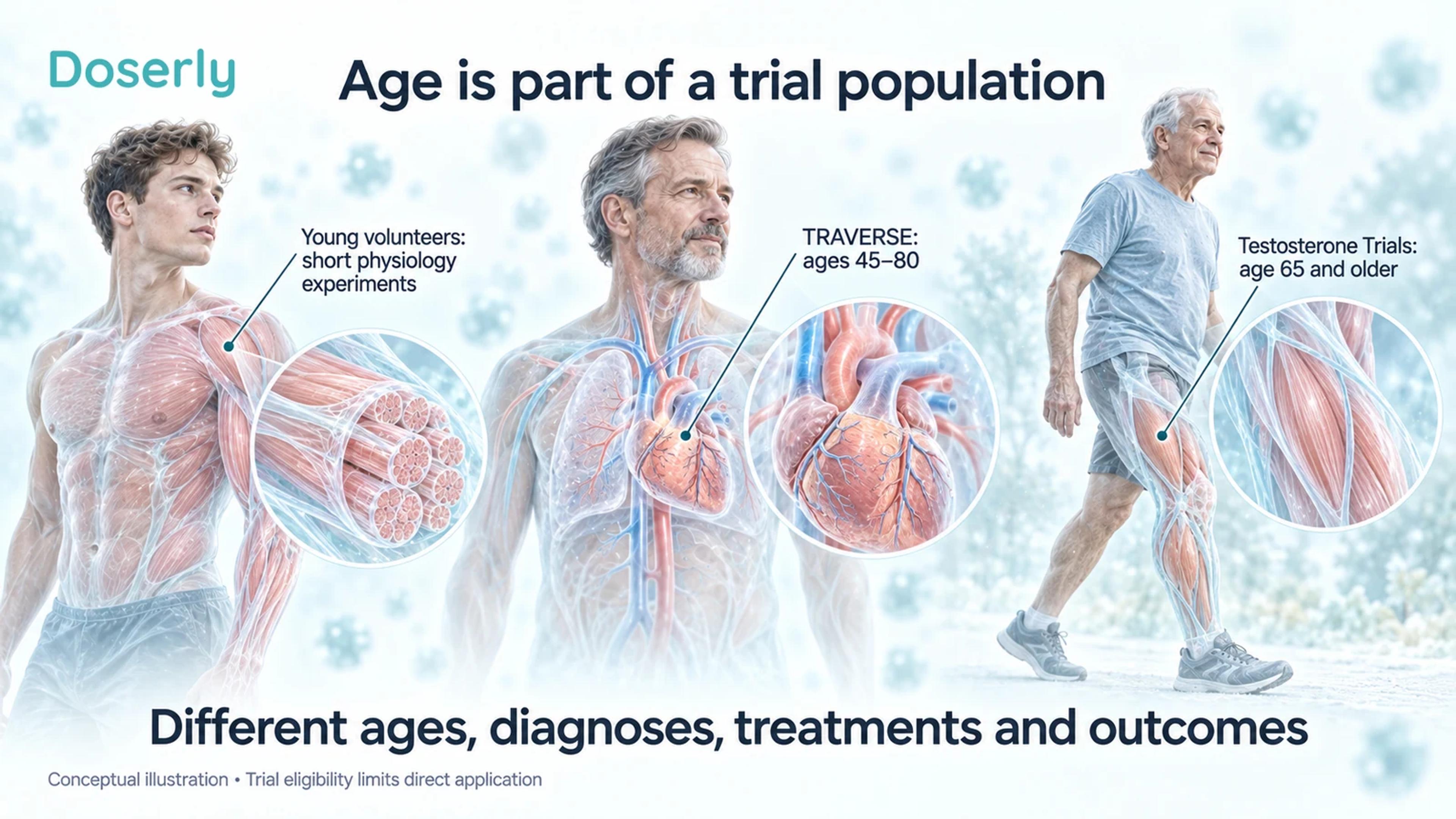 Medical-atlas figures distinguish young physiology volunteers, TRAVERSE participants aged 45 to 80, and Testosterone Trials participants aged 65 and older.